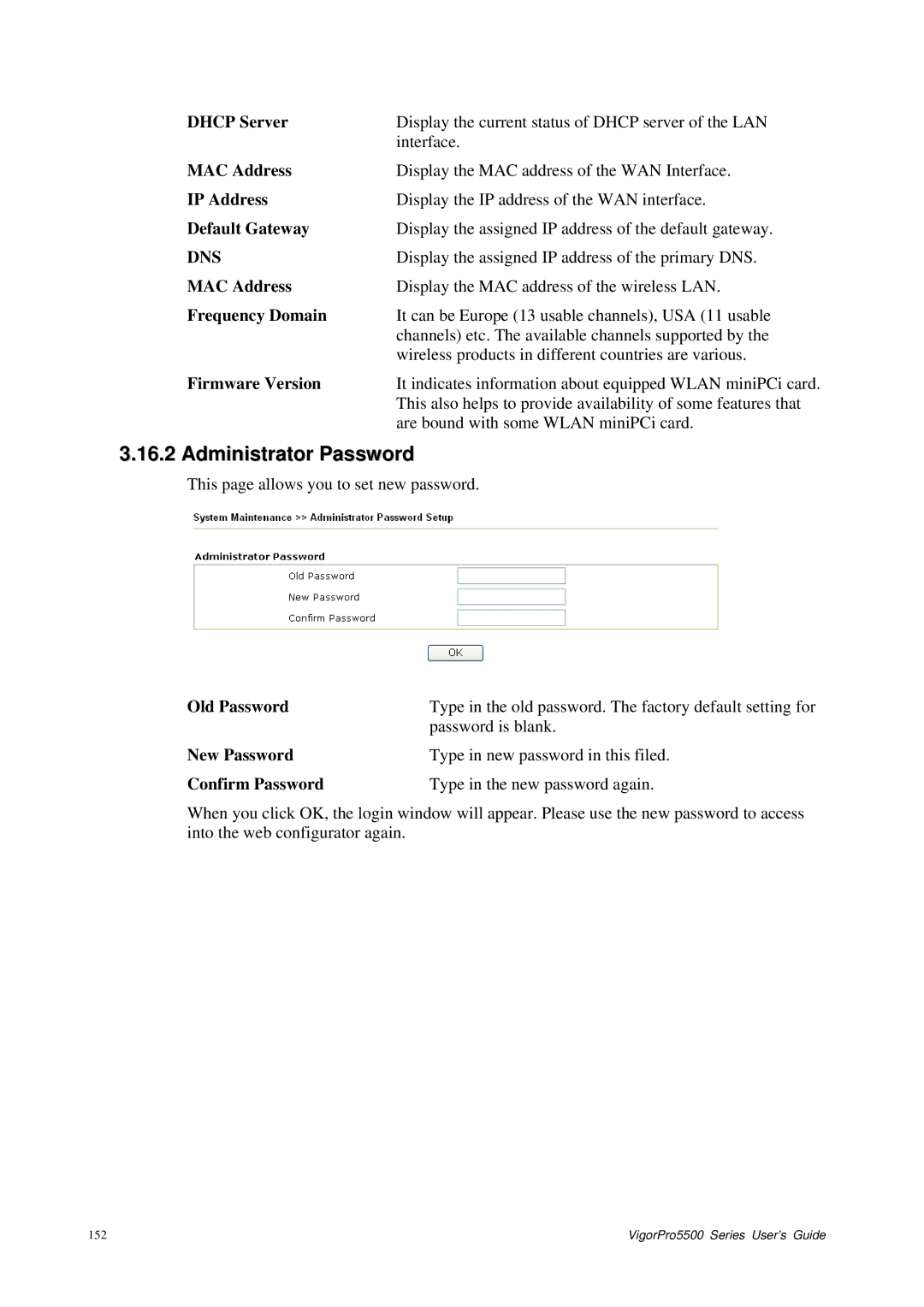 Draytek 5500 Series manual Administrator Password, Default Gateway, Frequency Domain, Old Password, New Password 