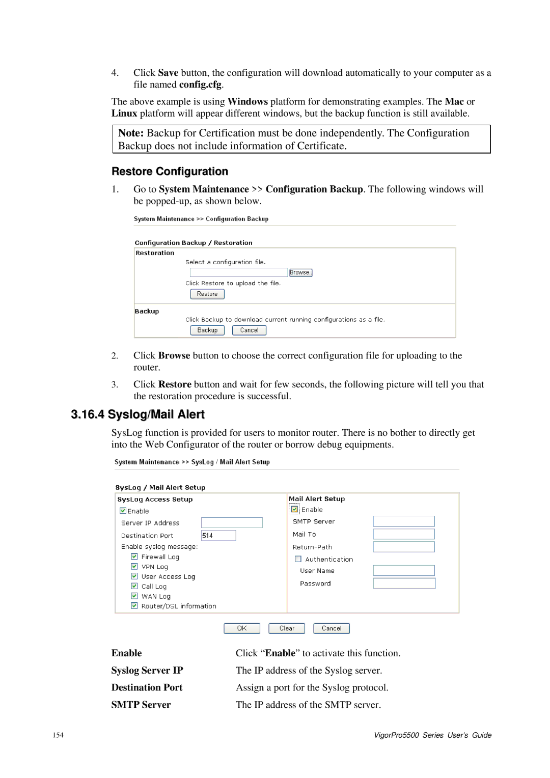 Draytek 5500 Series manual Syslog/Mail Alert, Restore Configuration 