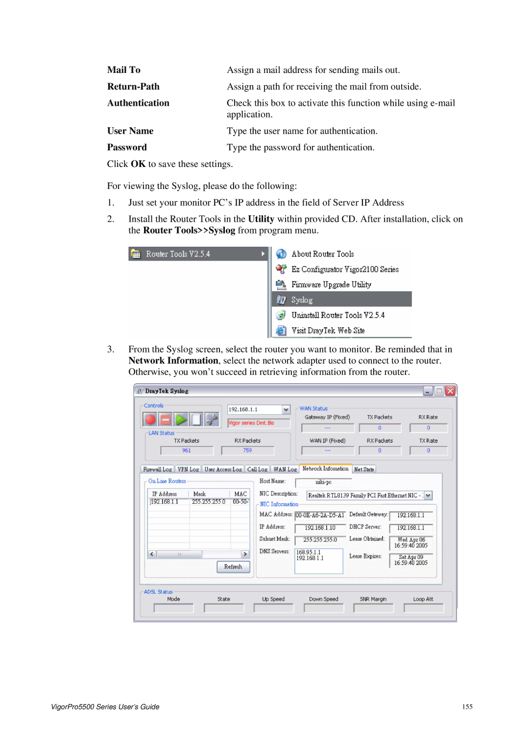 Draytek 5500 Series manual Mail To, Return-Path, Authentication 