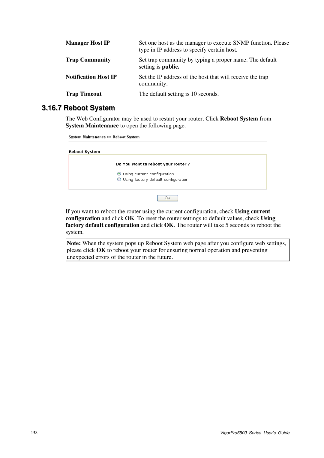 Draytek 5500 Series manual Reboot System, Manager Host IP, Trap Community, Notification Host IP, Trap Timeout 