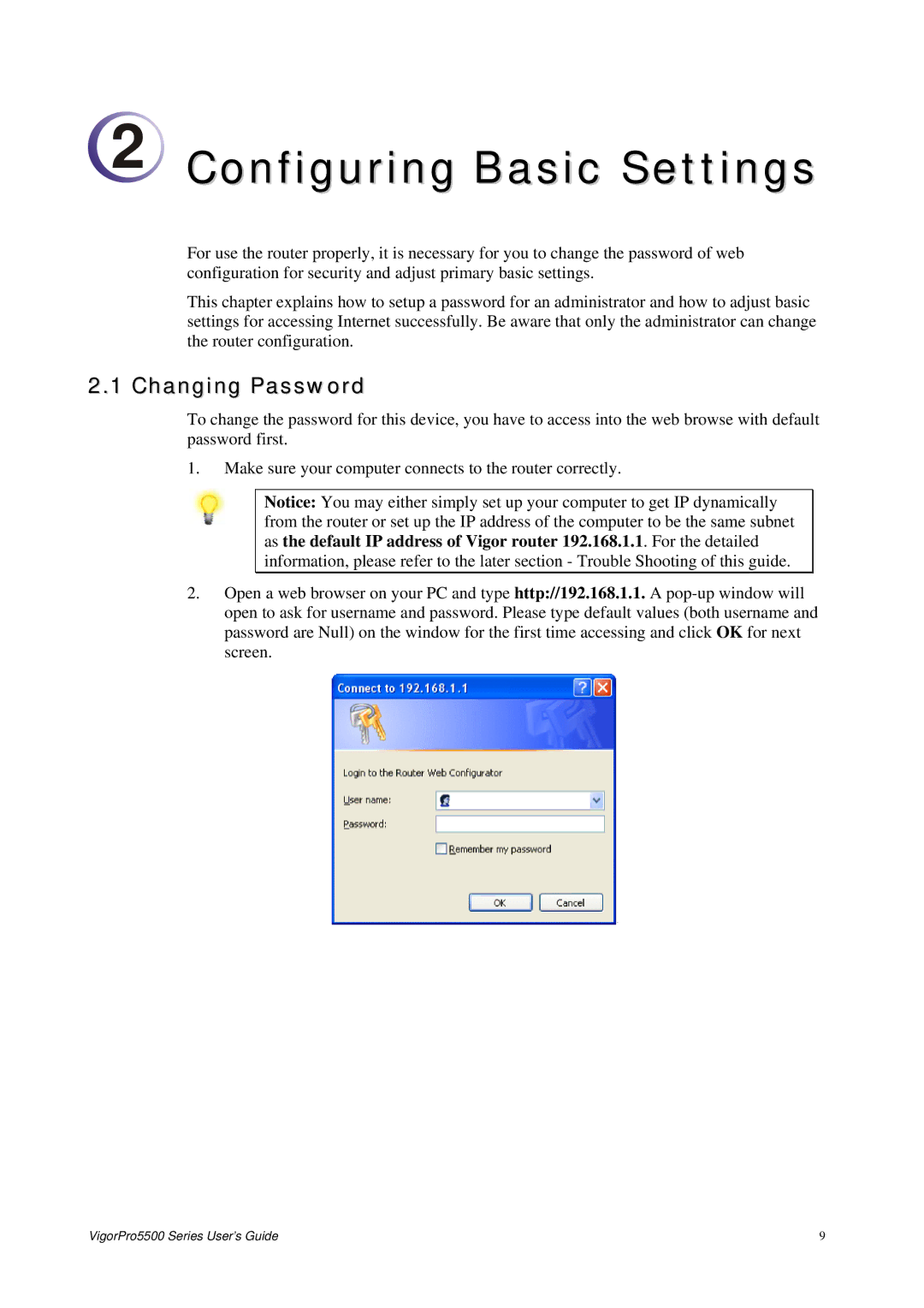 Draytek 5500 Series manual Configuring Basic Settings, Changing Password 