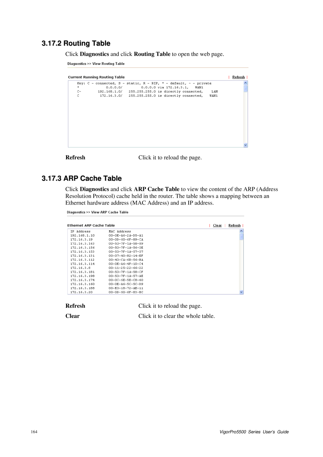 Draytek 5500 Series manual Routing Table, ARP Cache Table 