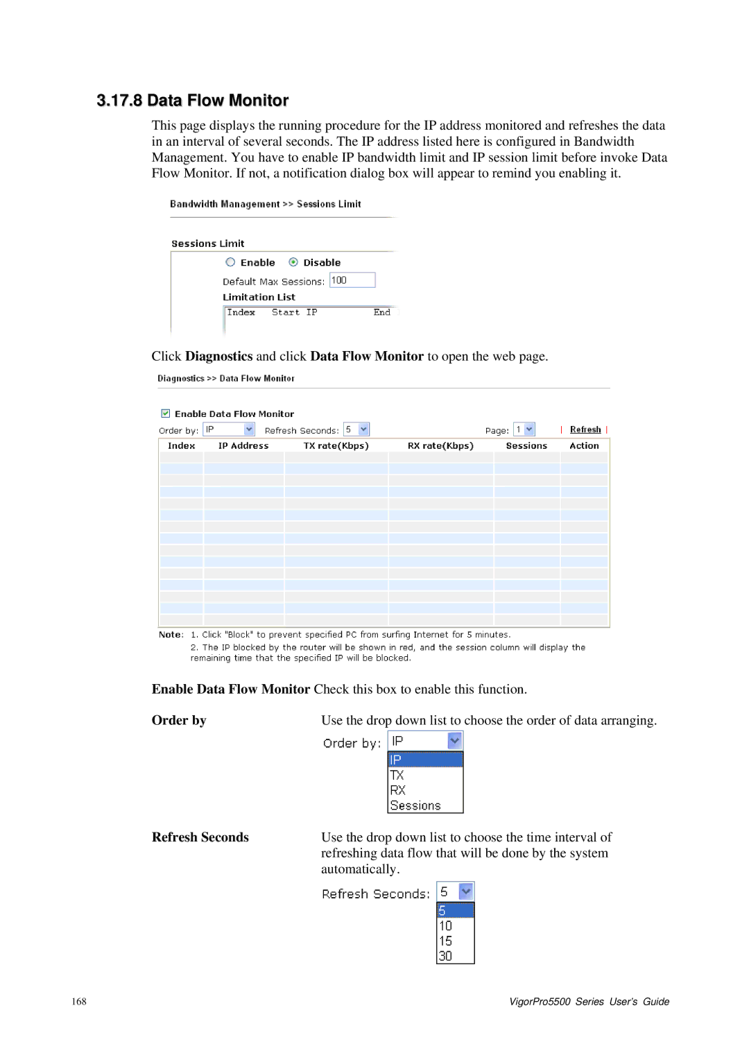 Draytek 5500 Series manual Data Flow Monitor, Order by 