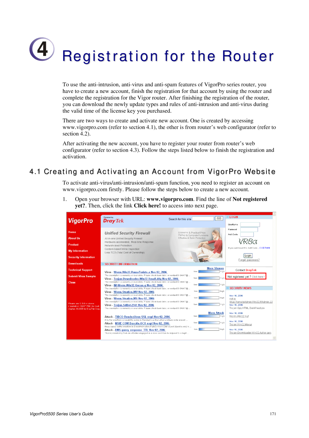 Draytek 5500 Series manual Registration for the Router, Creating and Activating an Account from VigorPro Website 