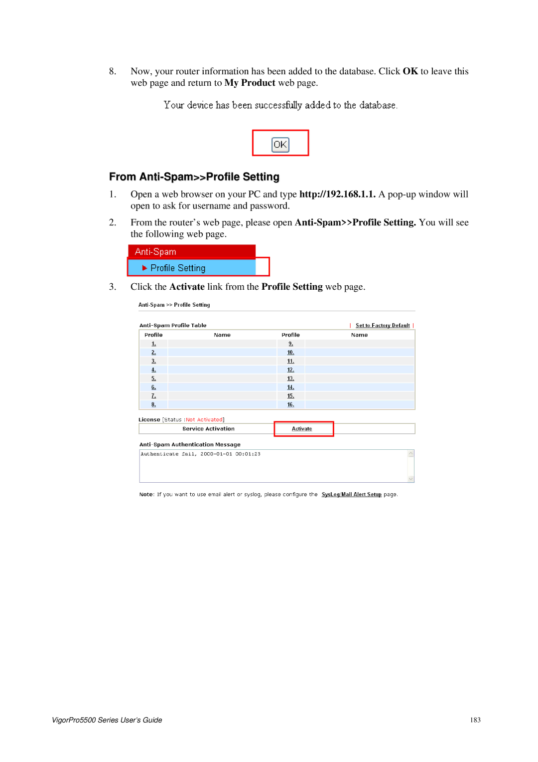 Draytek 5500 Series manual From Anti-SpamProfile Setting 