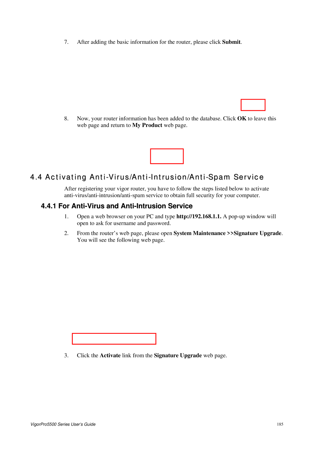 Draytek 5500 Series Activating Anti-Virus/Anti-Intrusion/Anti-Spam Service, For Anti-Virus and Anti-Intrusion Service 