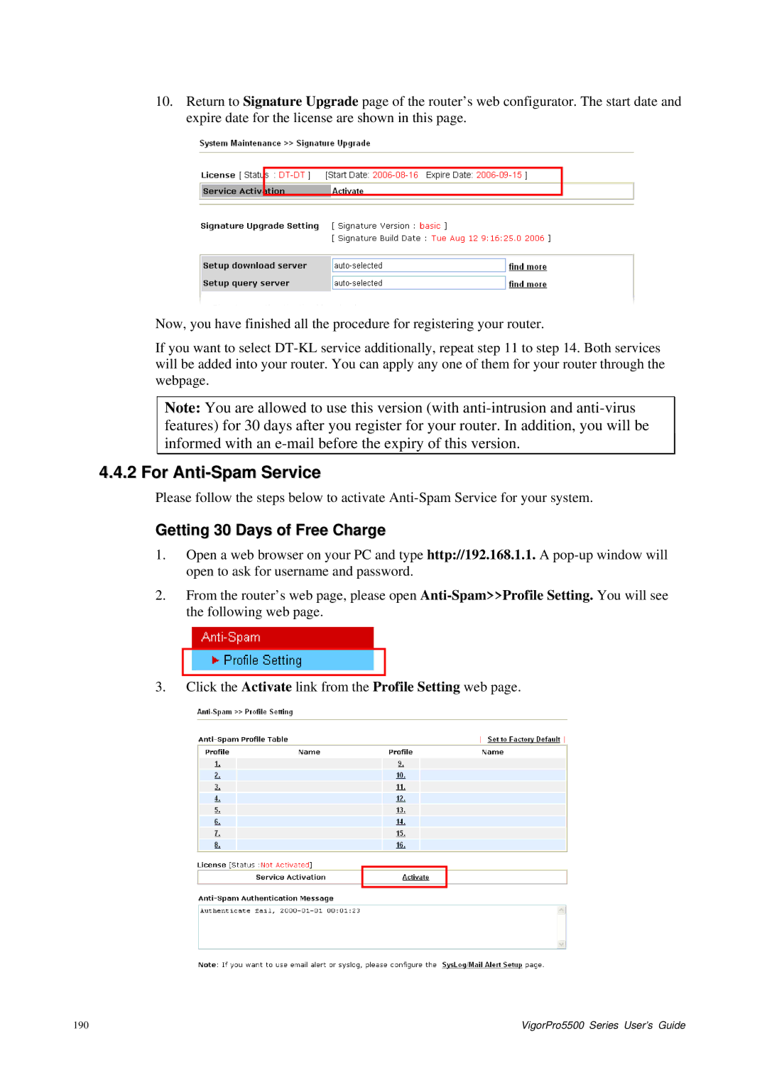 Draytek 5500 Series manual For Anti-Spam Service, Getting 30 Days of Free Charge 