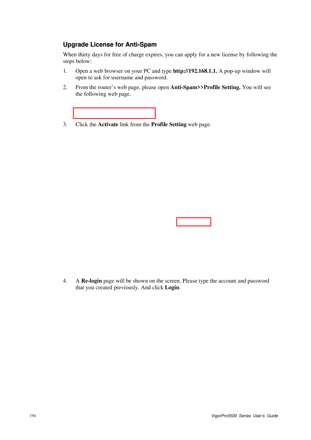 Draytek 5500 Series manual Upgrade License for Anti-Spam 