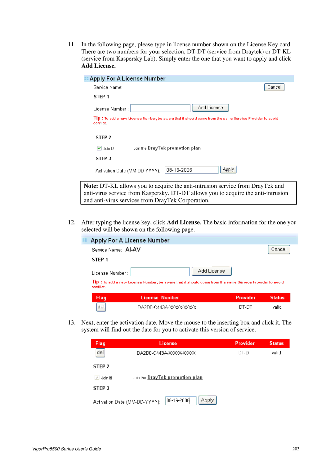 Draytek 5500 Series manual Add License 