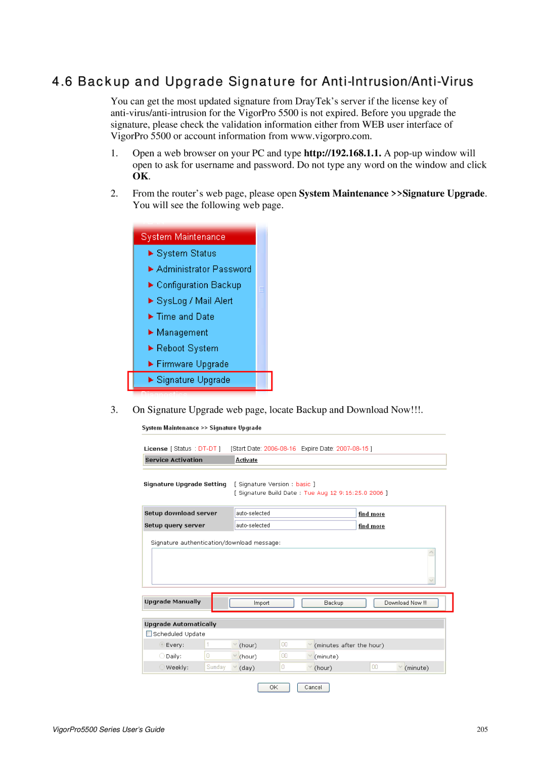 Draytek 5500 Series manual Backup and Upgrade Signature for Anti-Intrusion/Anti-Virus 