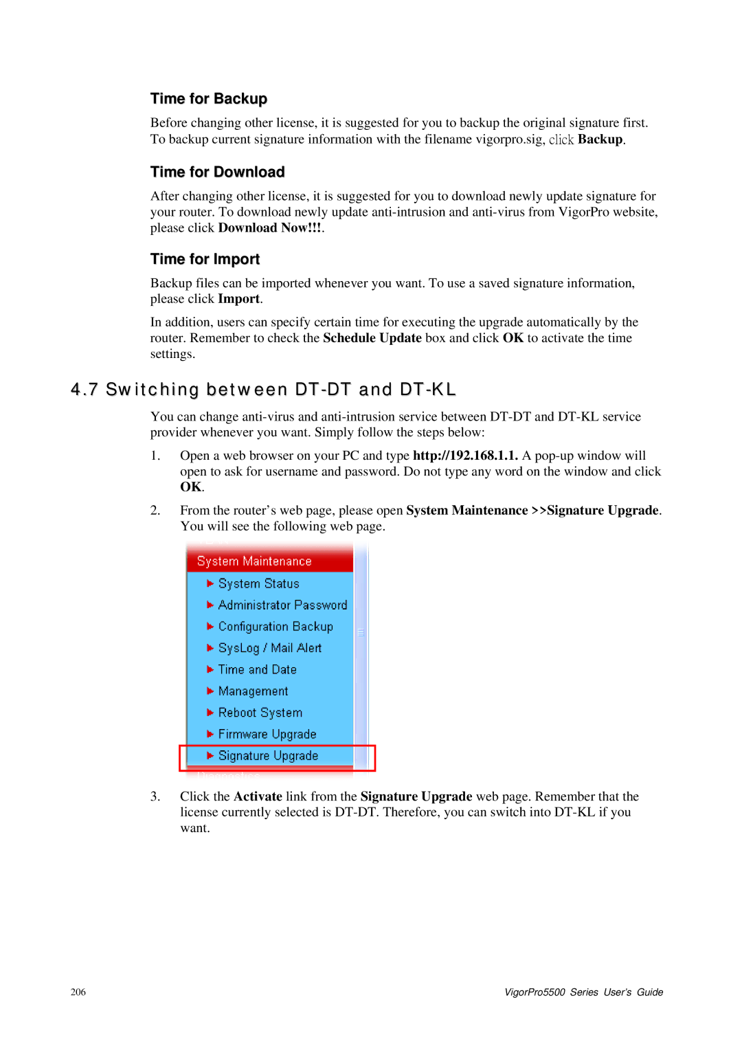 Draytek 5500 Series manual Switching between DT-DT and DT-KL, Time for Backup, Time for Download, Time for Import 