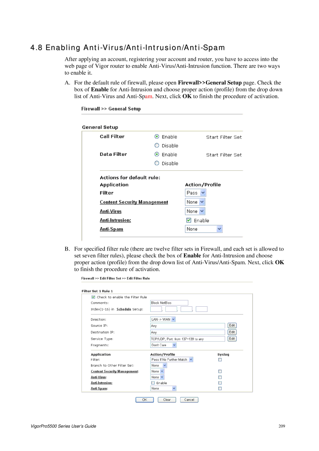 Draytek 5500 Series manual Enabling Anti-Virus/Anti-Intrusion/Anti-Spam 