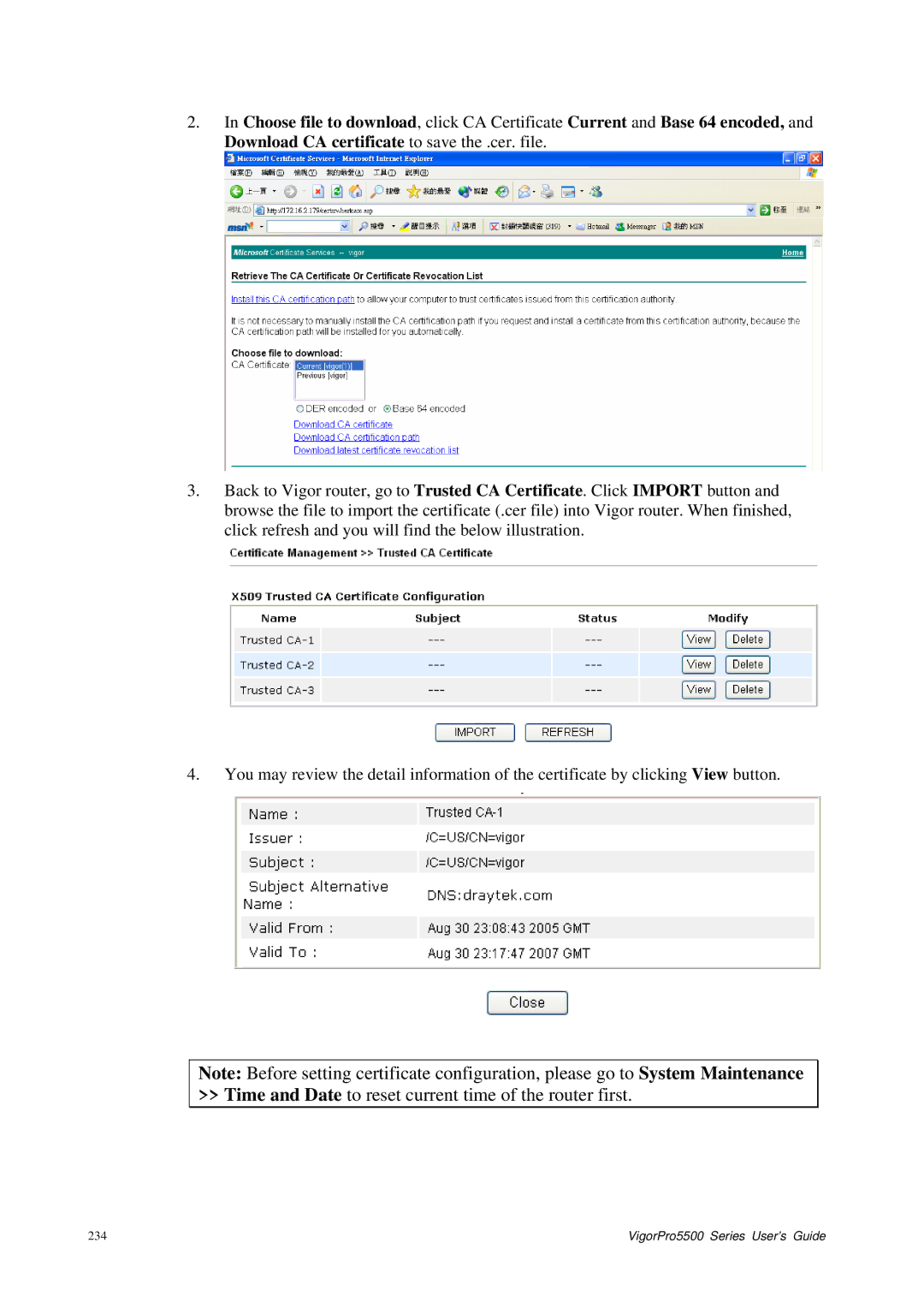 Draytek 5500 Series manual Time and Date to reset current time of the router first 