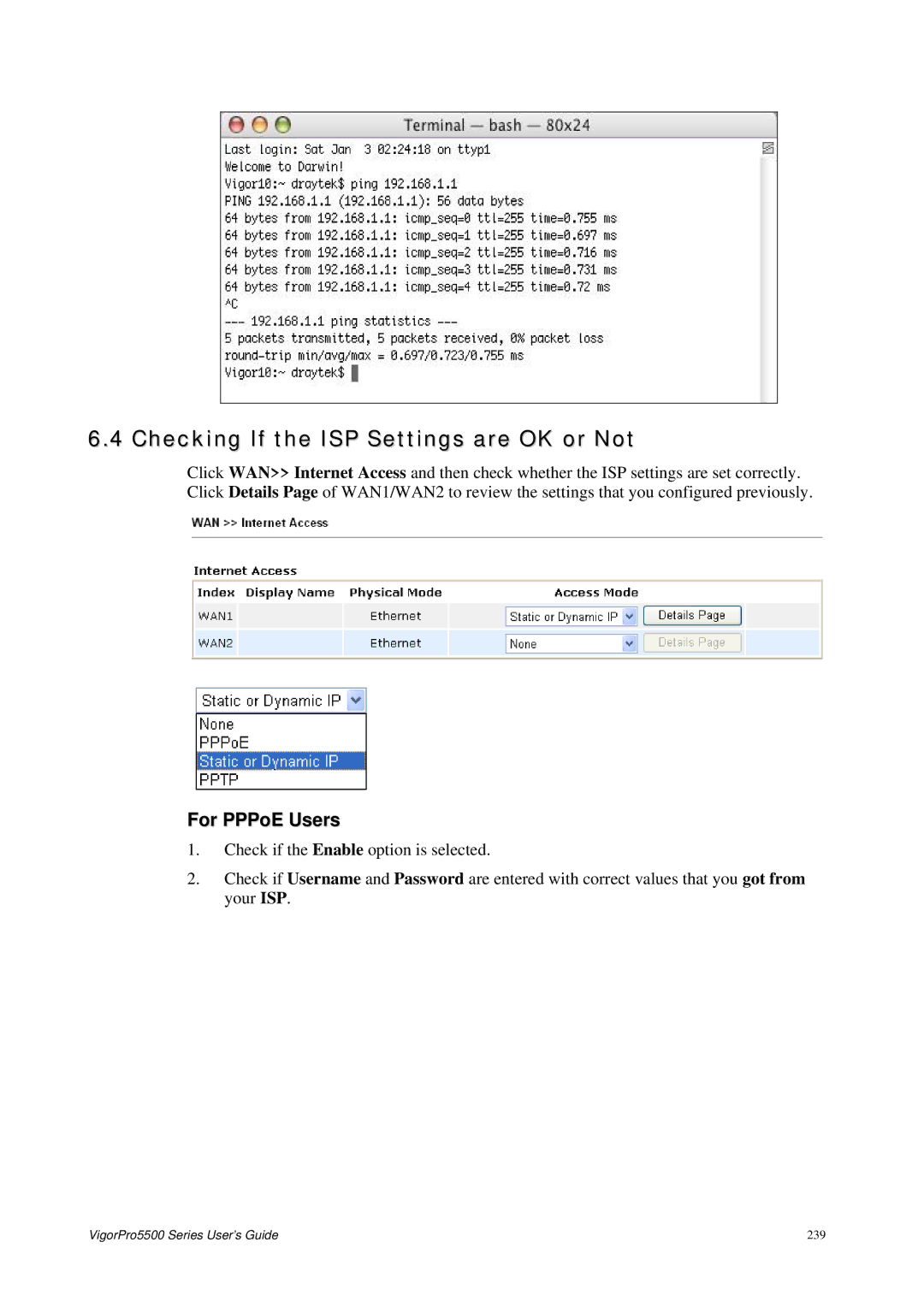 Draytek 5500 Series manual Checking If the ISP Settings are OK or Not, For PPPoE Users 