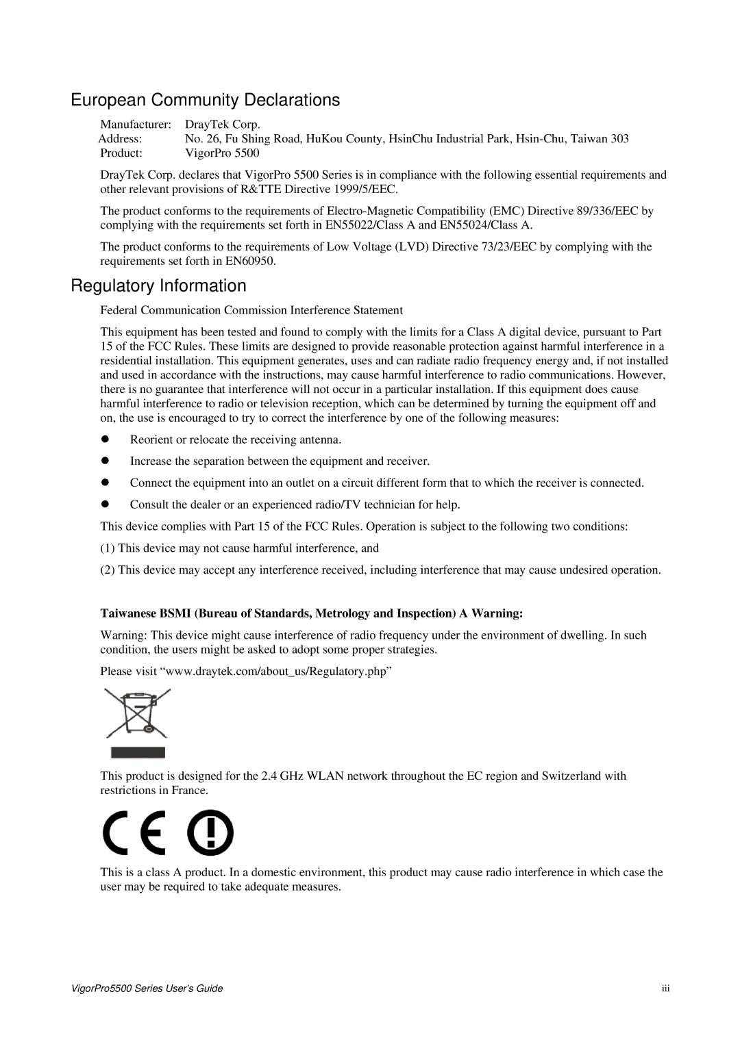 Draytek 5500 Series manual European Community Declarations, Regulatory Information 