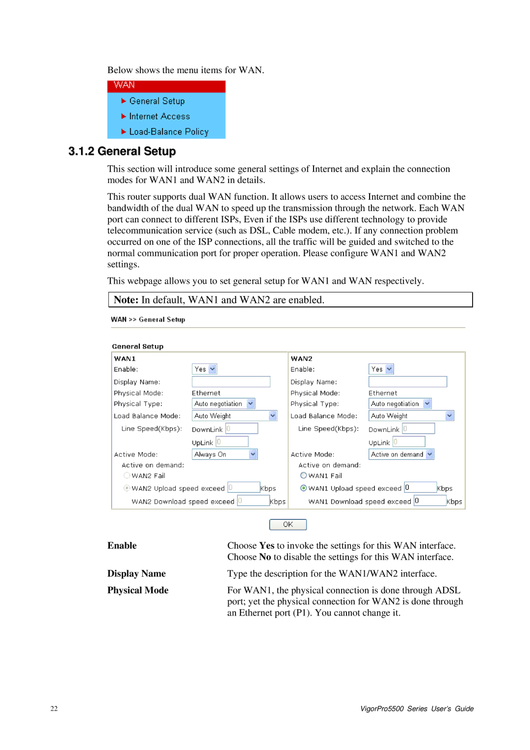 Draytek 5500 Series manual General Setup, Enable, Display Name, Physical Mode 