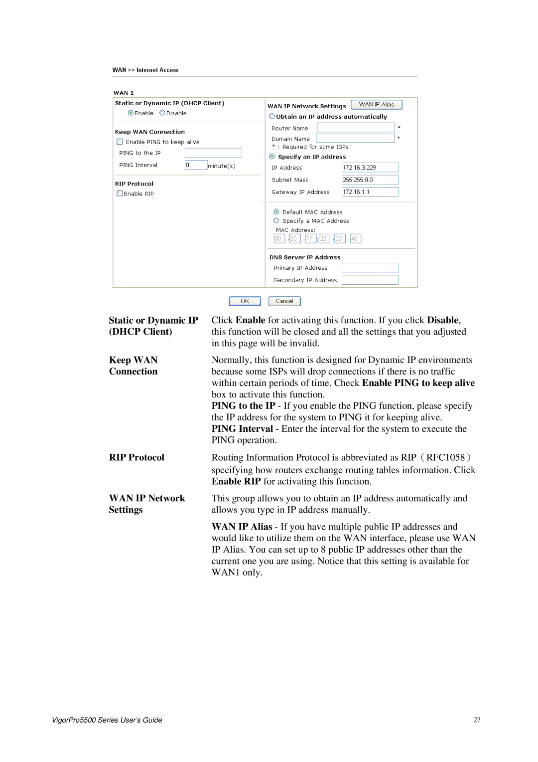 Draytek 5500 Series manual Dhcp Client, Keep WAN, Connection, RIP Protocol, WAN IP Network, Settings 