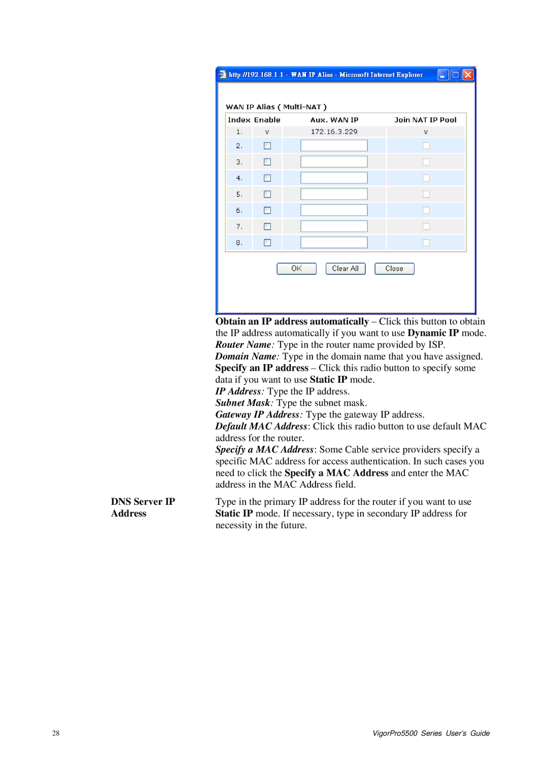 Draytek 5500 Series manual DNS Server IP, Address 