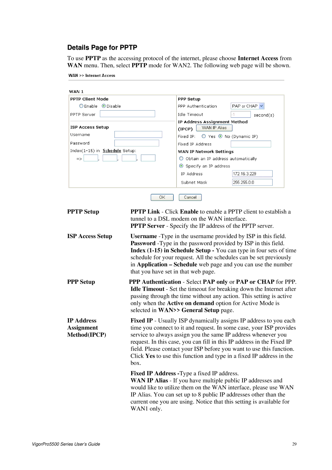 Draytek 5500 Series manual Details Page for Pptp, Pptp Setup, PPP Setup, Assignment, MethodIPCP 