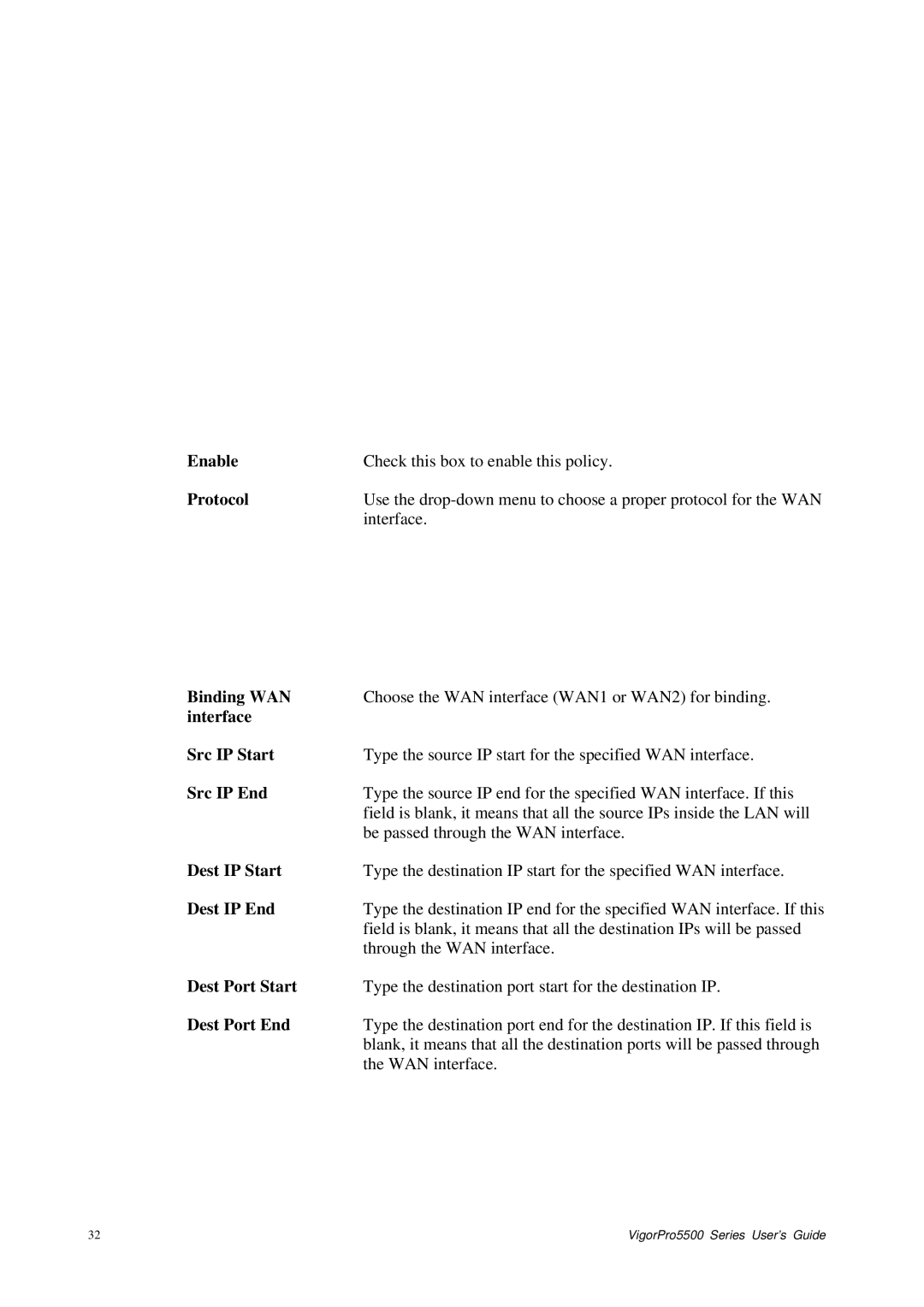 Draytek 5500 Series manual Binding WAN, Interface Src IP Start, Dest Port End 