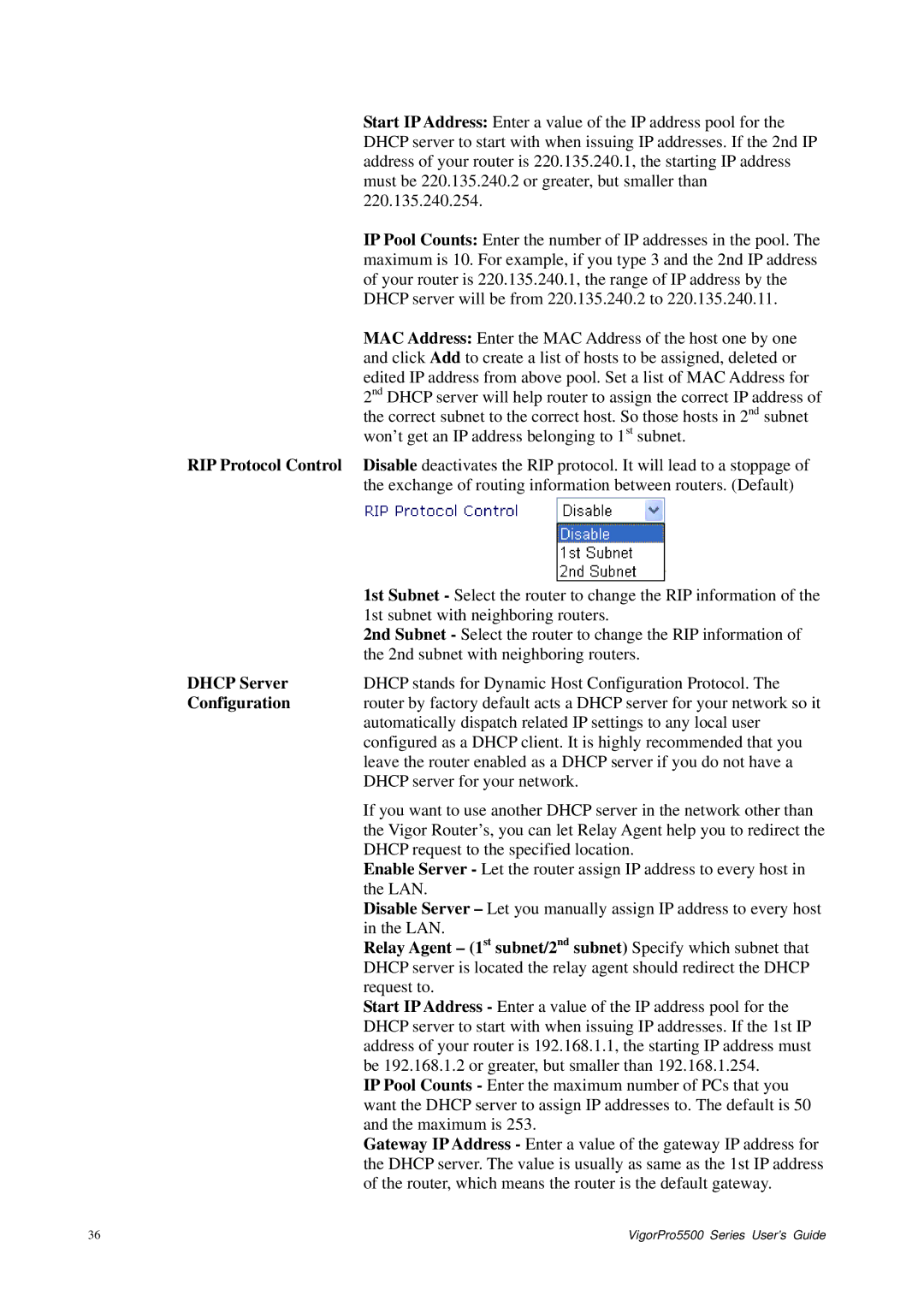 Draytek 5500 Series manual Dhcp Server, Configuration, Relay Agent 1st subnet/2nd subnet Specify which subnet that 