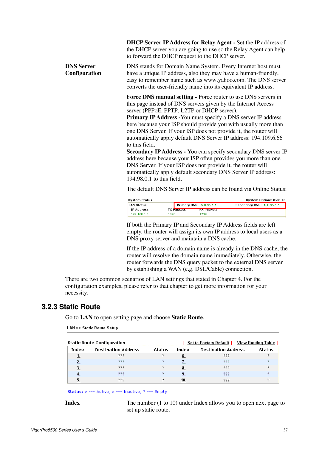 Draytek 5500 Series manual Static Route, DNS Server 