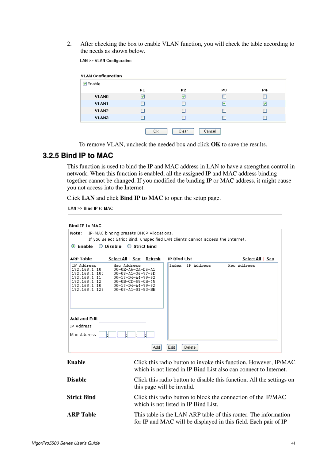 Draytek 5500 Series manual Bind IP to MAC, Disable, Strict Bind, ARP Table 