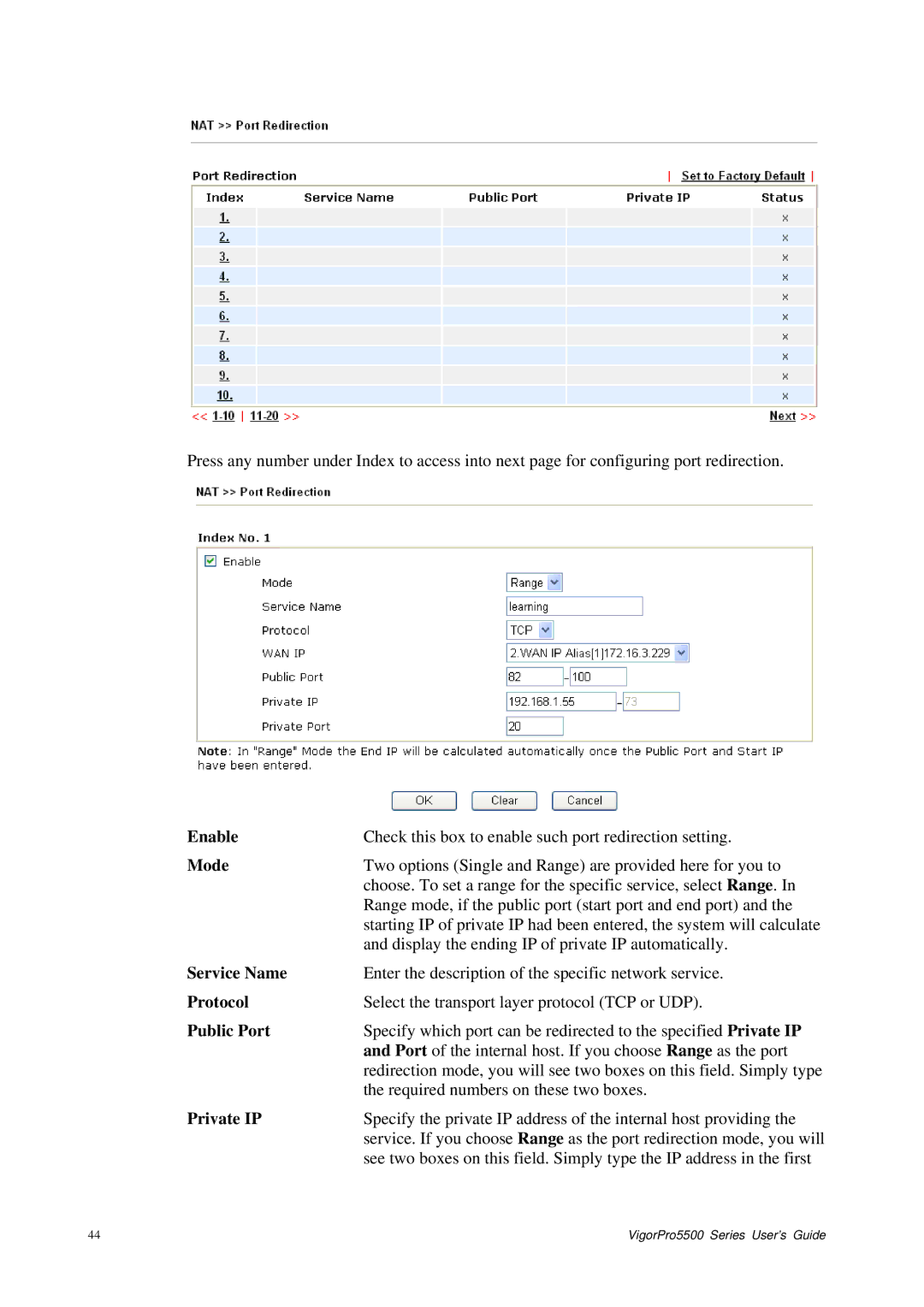 Draytek 5500 Series manual Service Name, Public Port, Private IP 