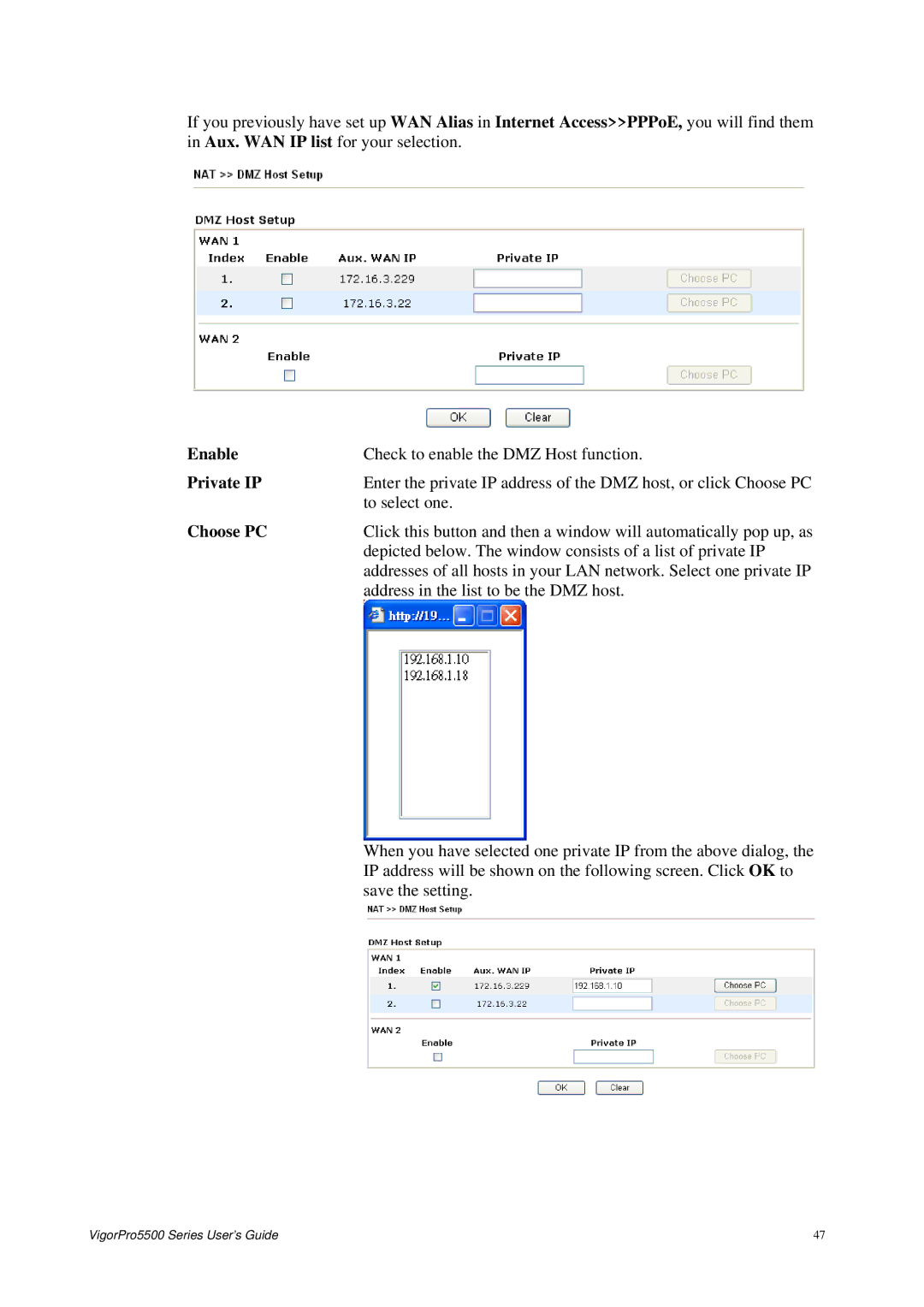 Draytek 5500 Series manual Enable, Choose PC 