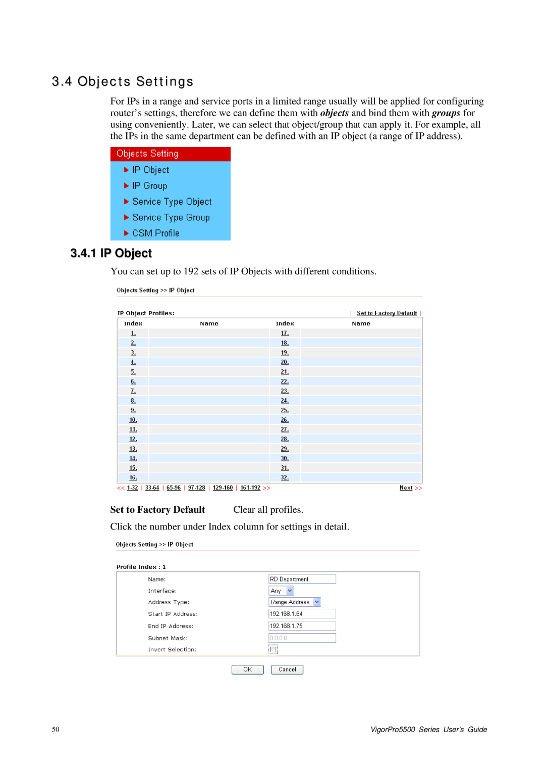 Draytek 5500 Series manual Objects Settings, IP Object, Set to Factory Default Clear all profiles 