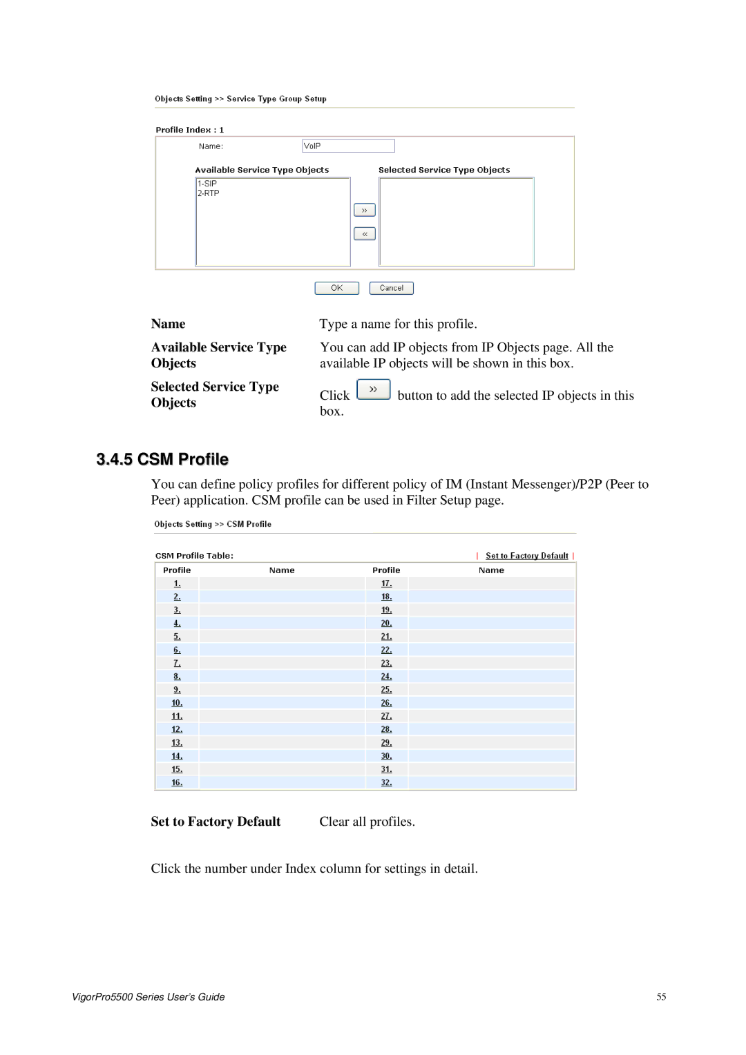 Draytek 5500 Series manual CSM Profile, Name Available Service Type Objects Selected Service Type 