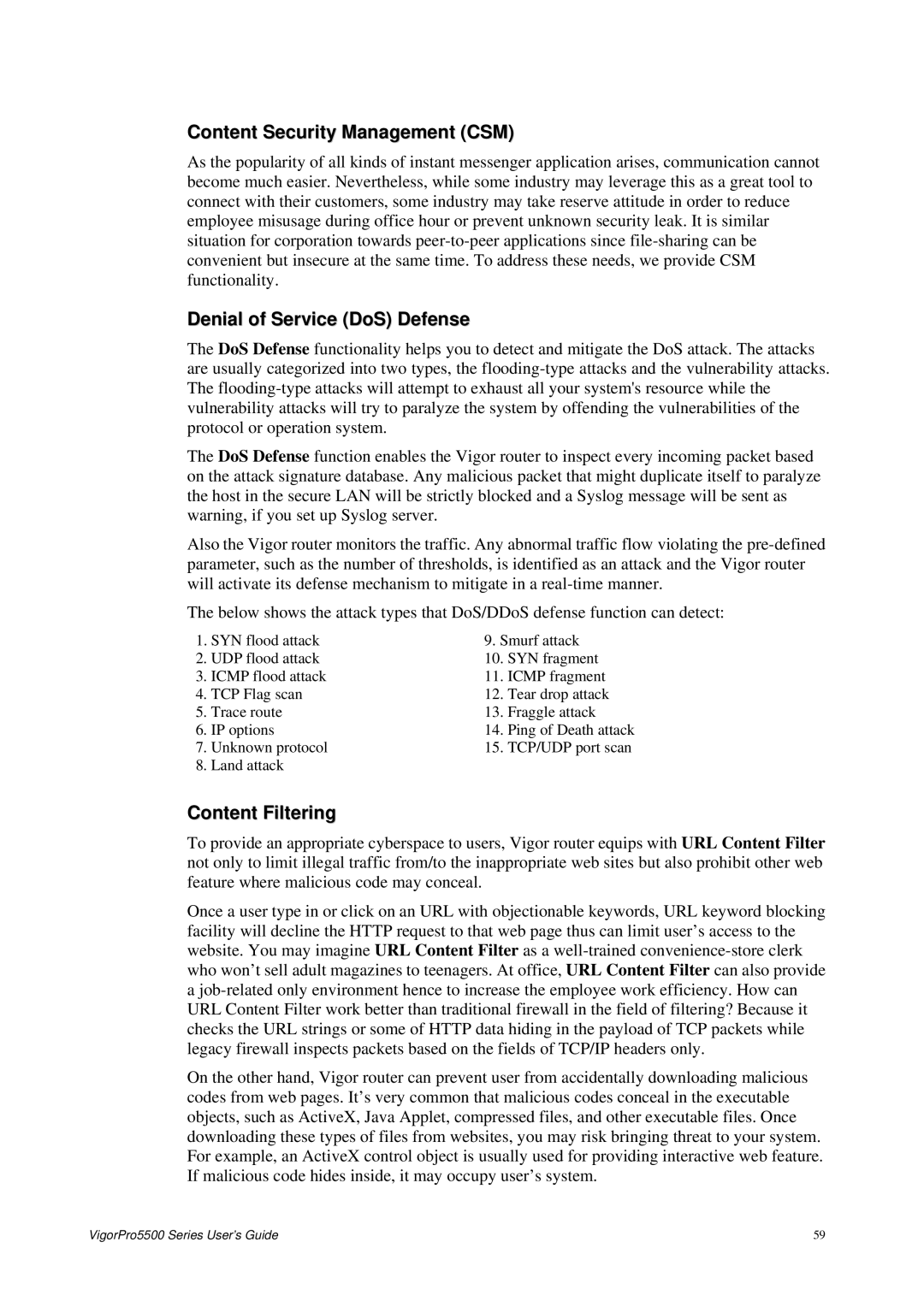 Draytek 5500 Series manual Content Security Management CSM, Denial of Service DoS Defense, Content Filtering 