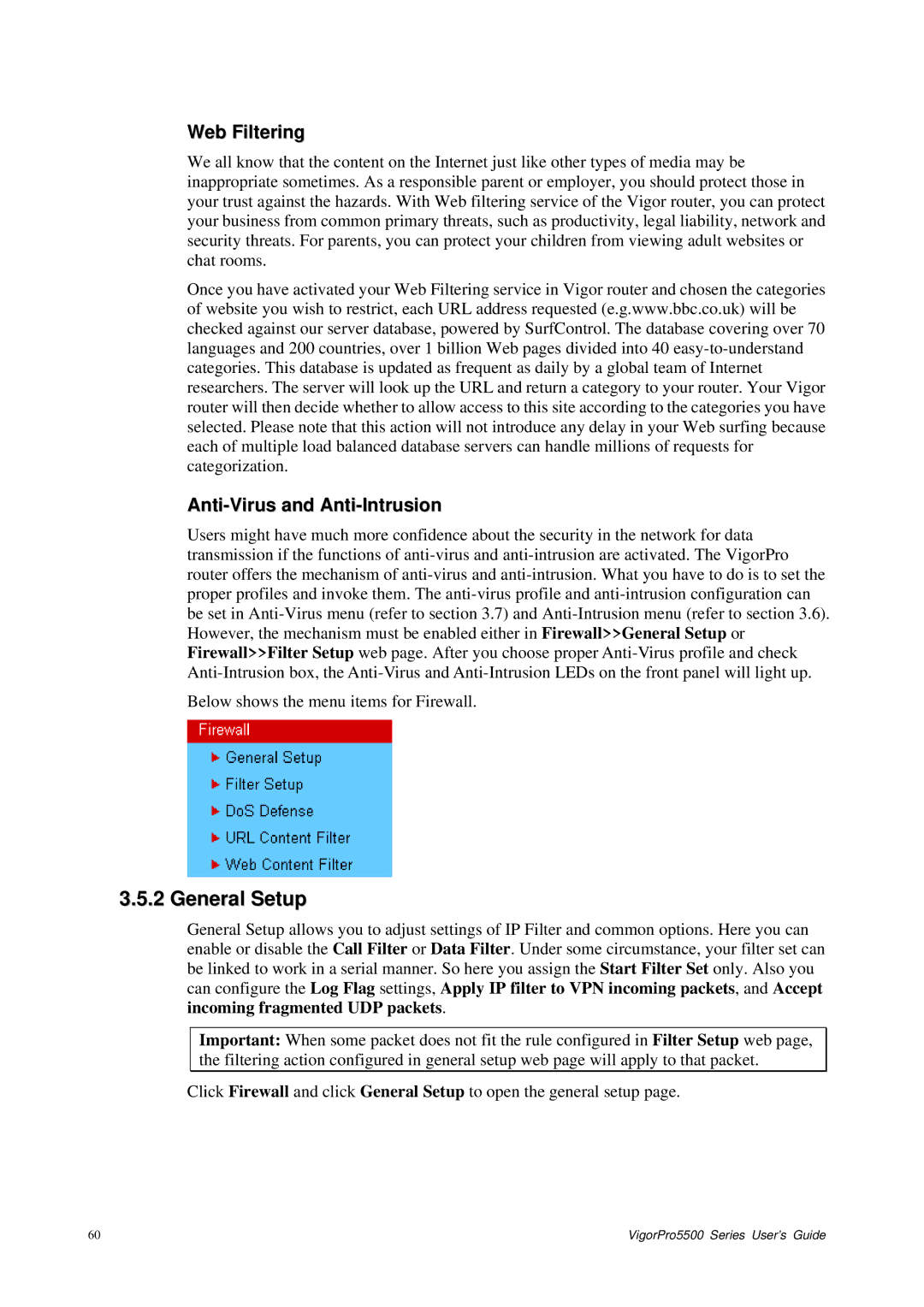 Draytek 5500 Series manual Web Filtering, Anti-Virus and Anti-Intrusion 