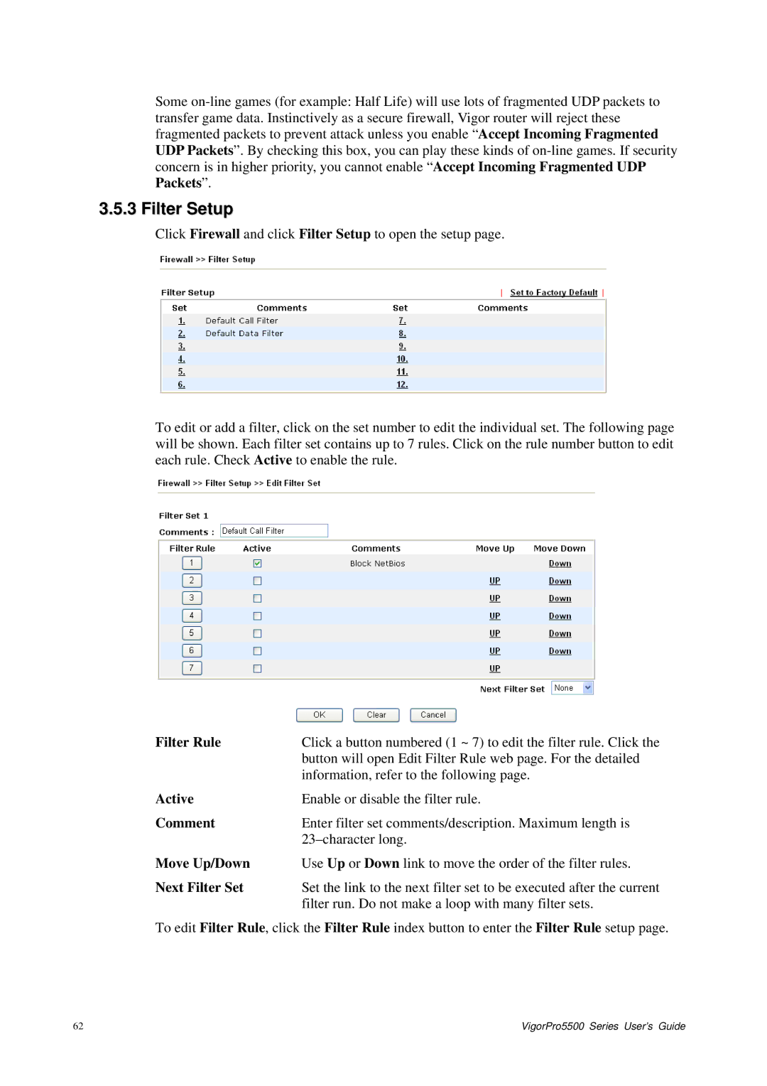 Draytek 5500 Series manual Filter Setup, Filter Rule, Move Up/Down, Next Filter Set 