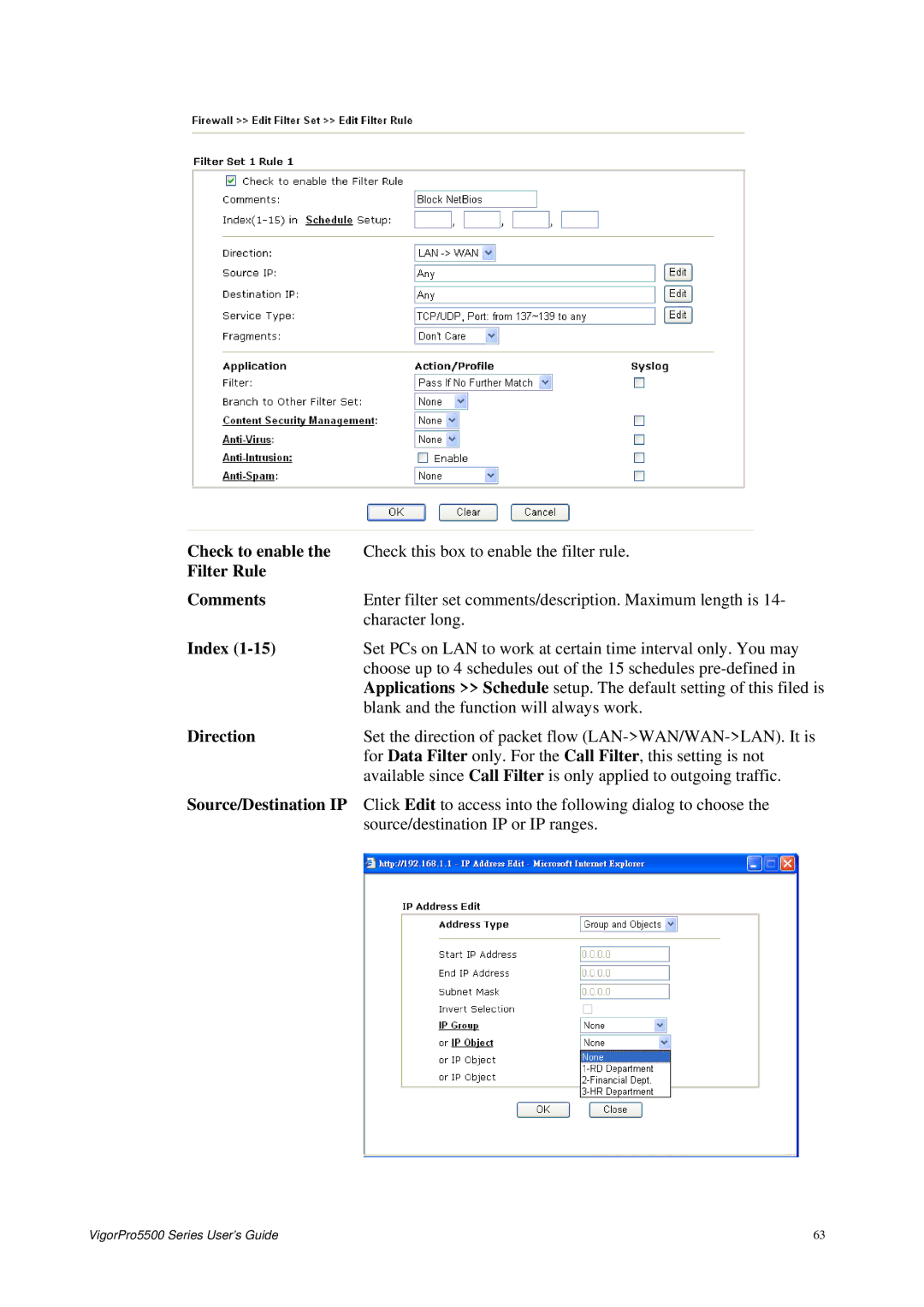 Draytek 5500 Series manual Check to enable, Filter Rule Comments, Direction, Source/Destination IP 