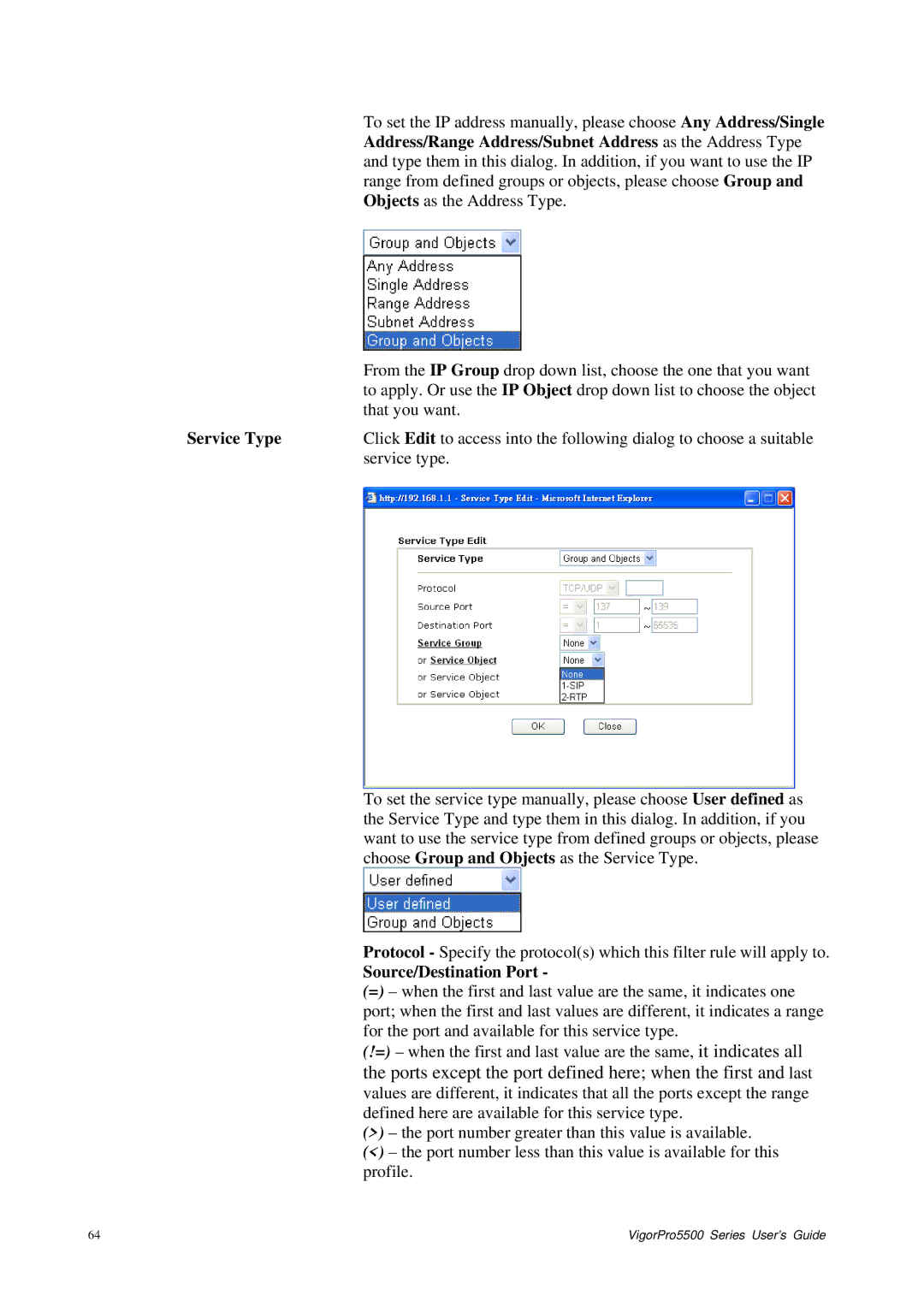 Draytek 5500 Series manual Service Type, Source/Destination Port 