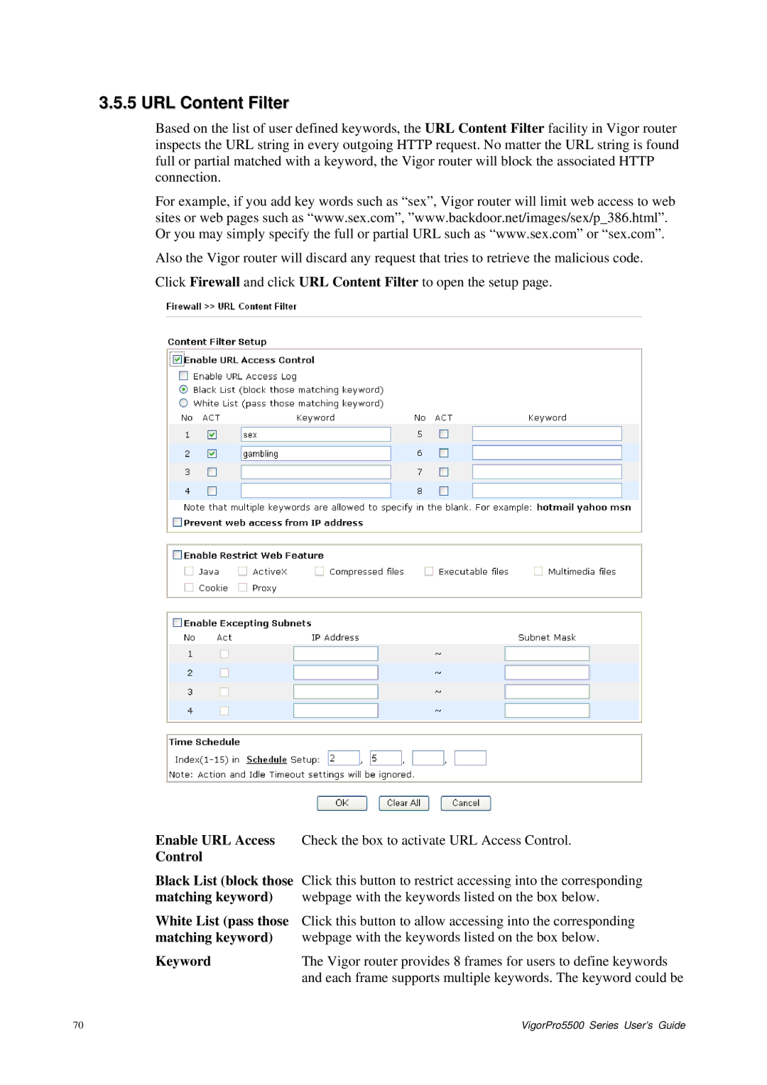 Draytek 5500 Series manual URL Content Filter, Control, White List pass those, Matching keyword, Keyword 