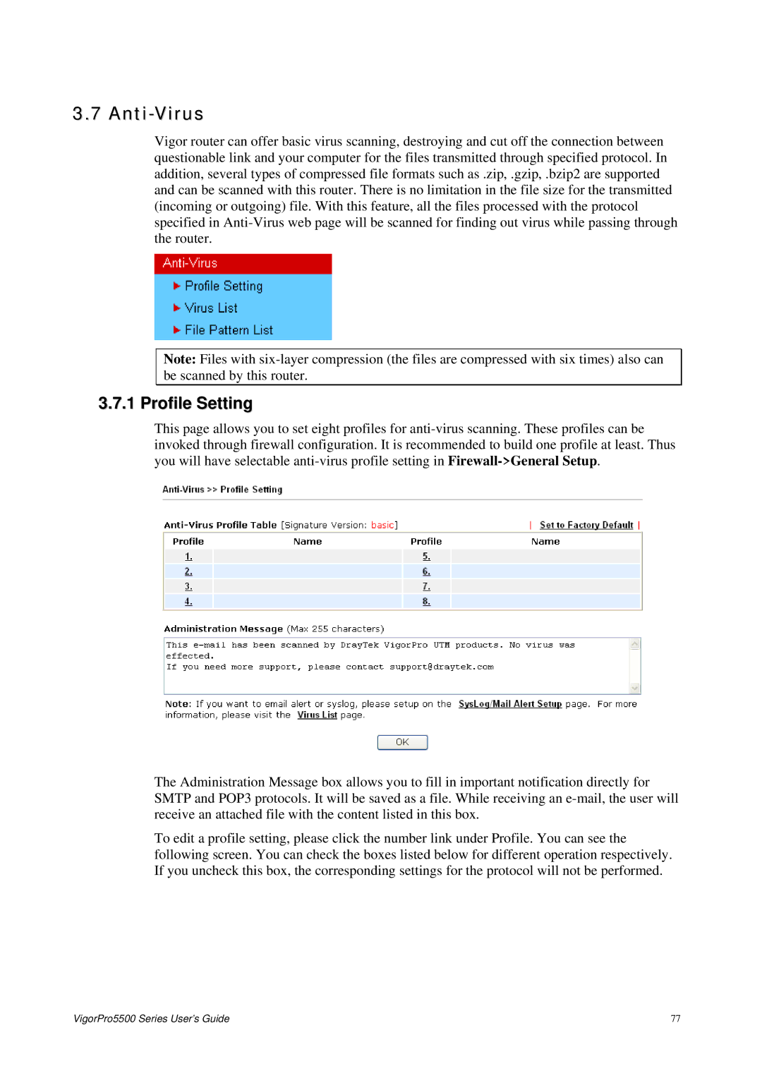 Draytek 5500 Series manual Anti-Virus, Profile Setting 