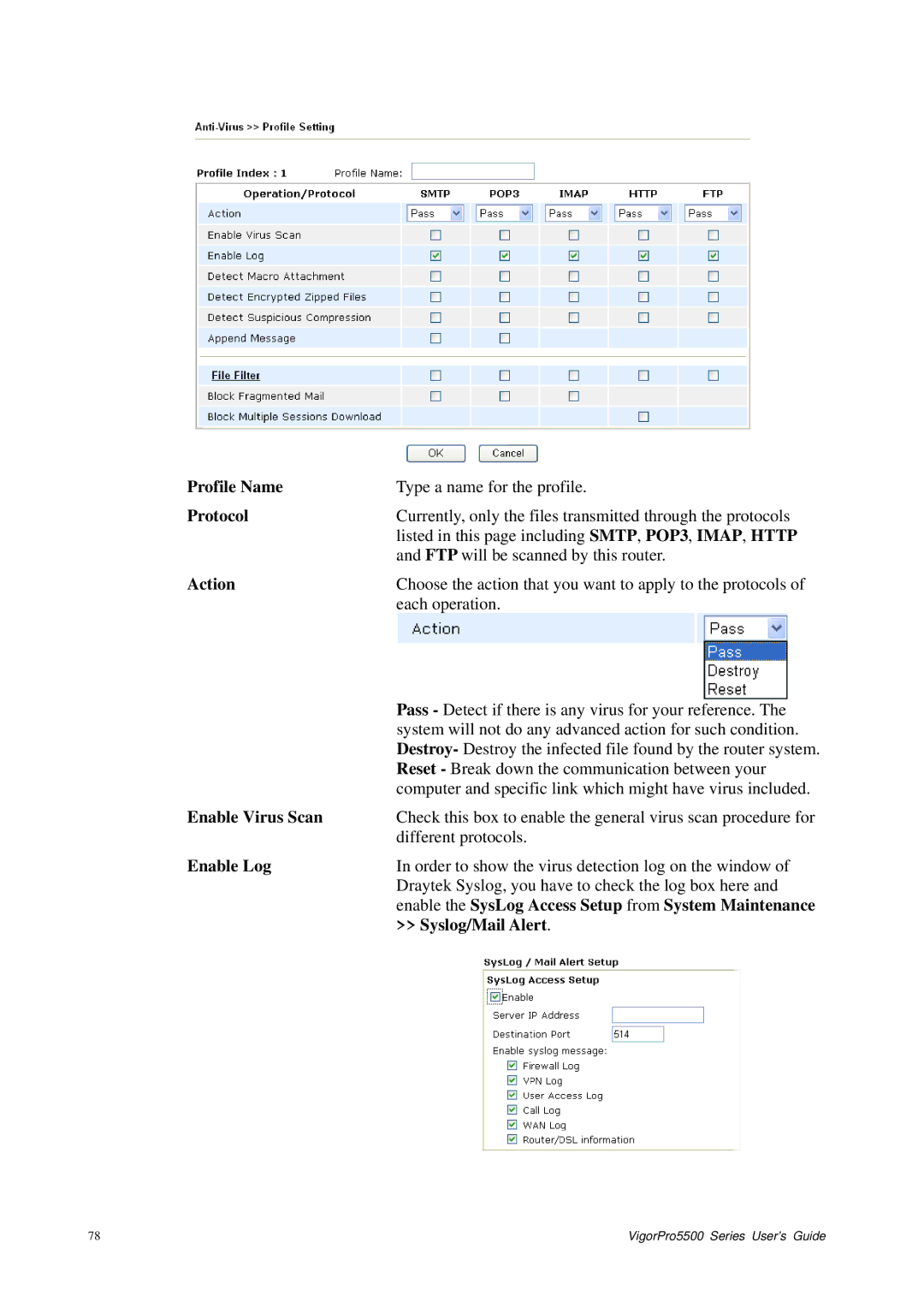 Draytek 5500 Series manual Enable Virus Scan, Enable Log, Syslog/Mail Alert 