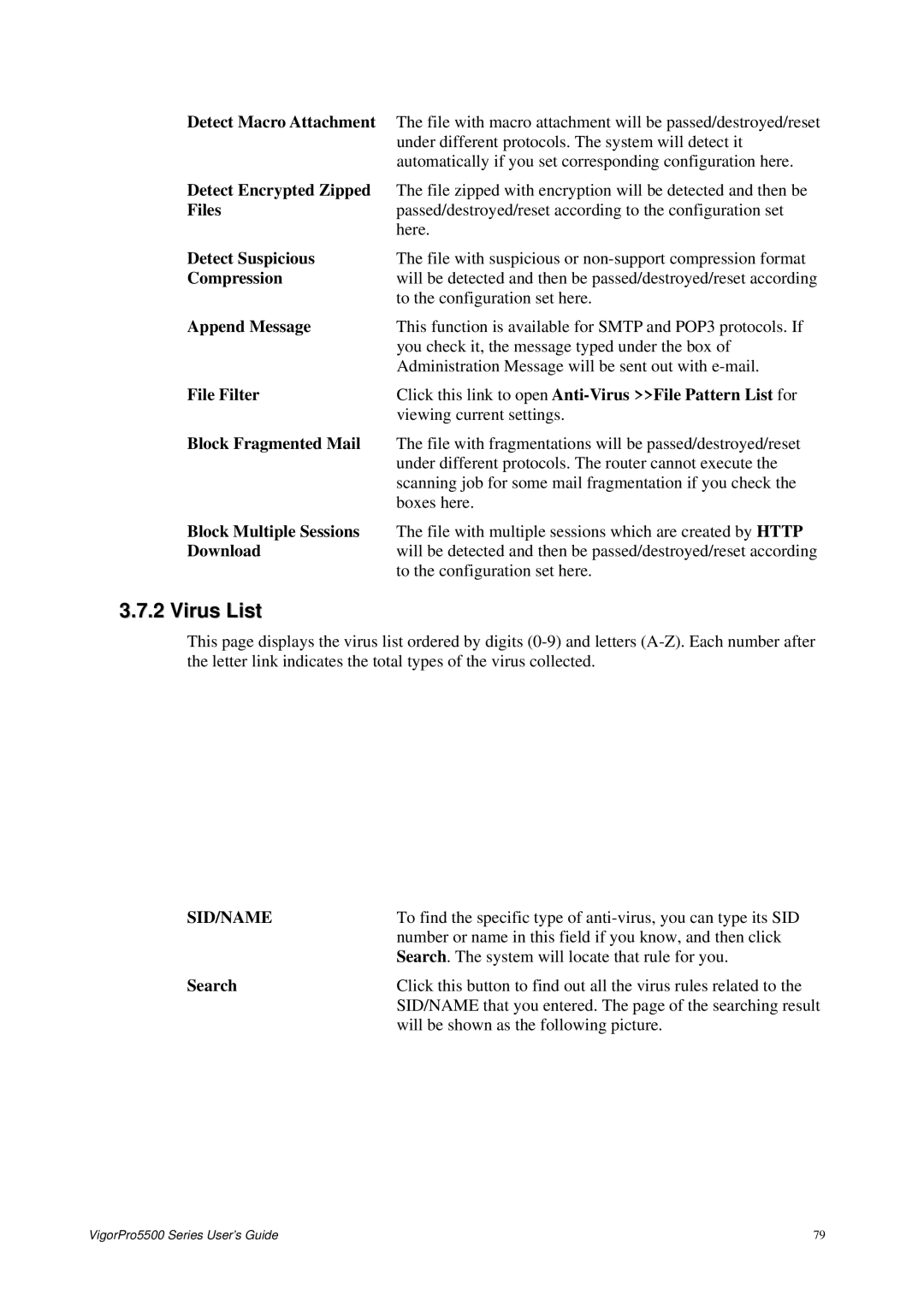 Draytek 5500 Series manual Virus List 