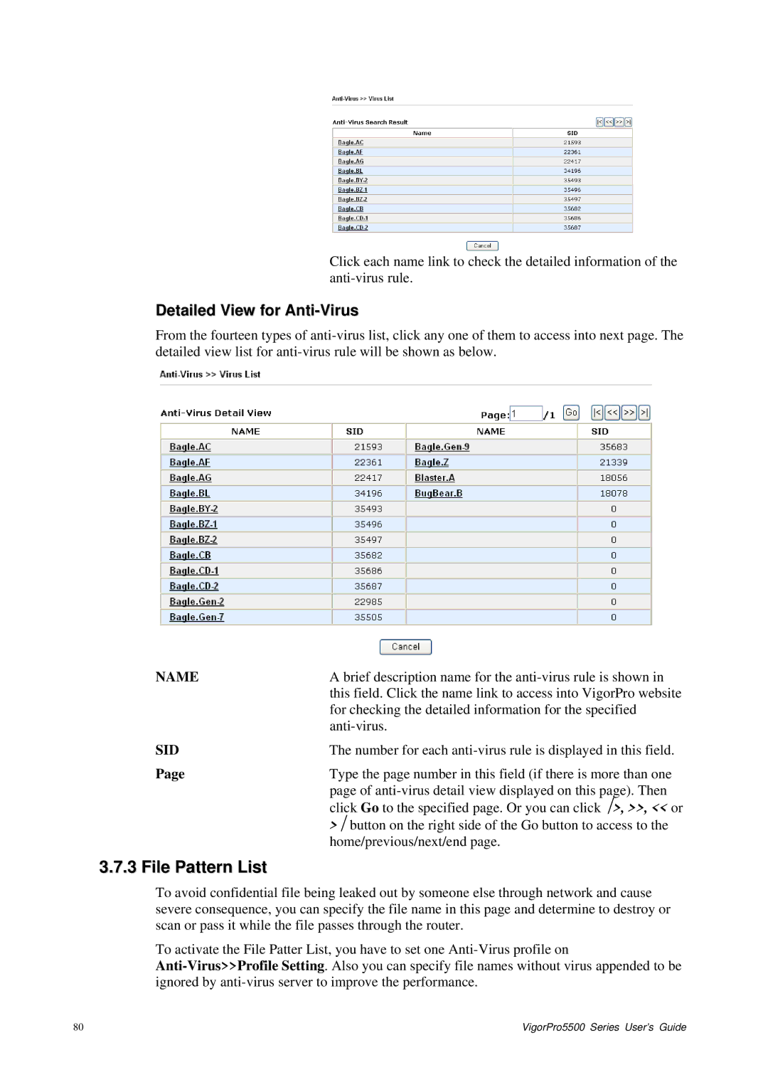 Draytek 5500 Series manual File Pattern List, Detailed View for Anti-Virus 