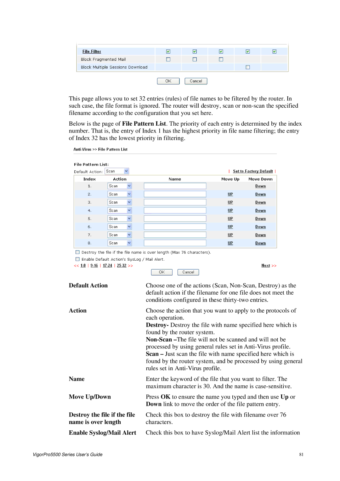 Draytek 5500 Series manual Default Action, Destroy the file if the file, Name is over length, Enable Syslog/Mail Alert 