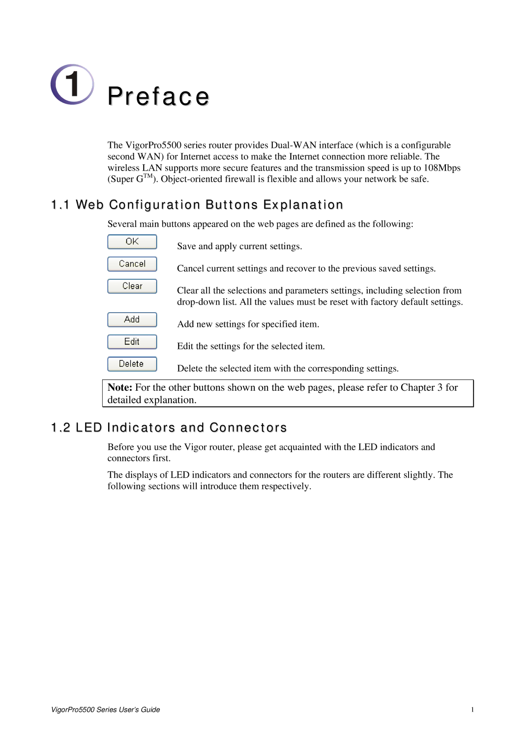 Draytek 5500 Series manual Web Configuration Buttons Explanation, LED Indicators and Connectors 