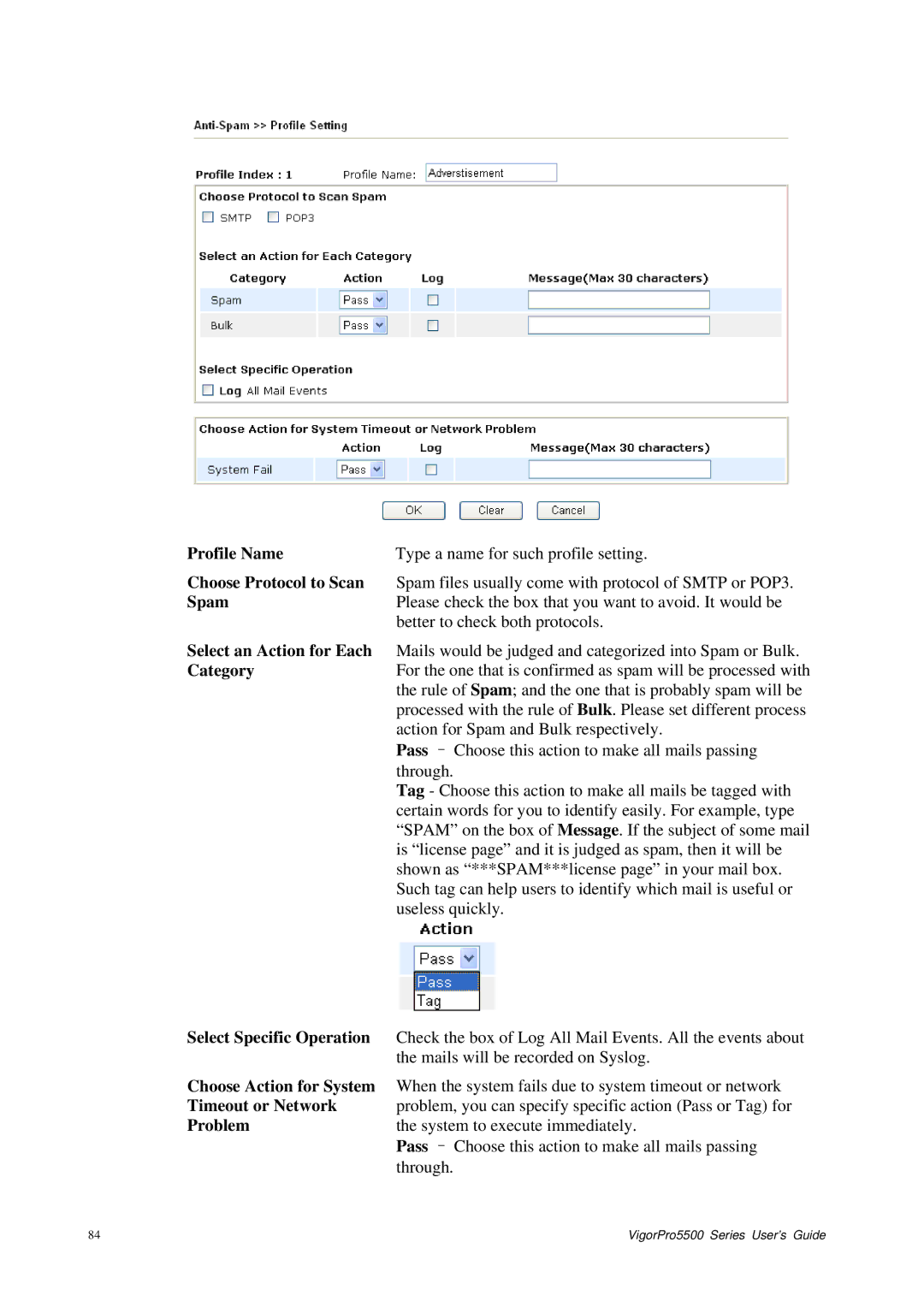 Draytek 5500 Series Choose Protocol to Scan, Spam, Select an Action for Each Category, Select Specific Operation, Problem 