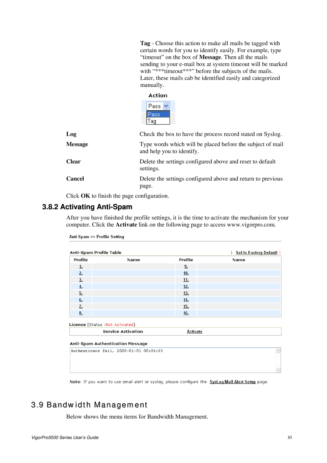 Draytek 5500 Series manual Bandwidth Management, Activating Anti-Spam, Clear, Cancel 