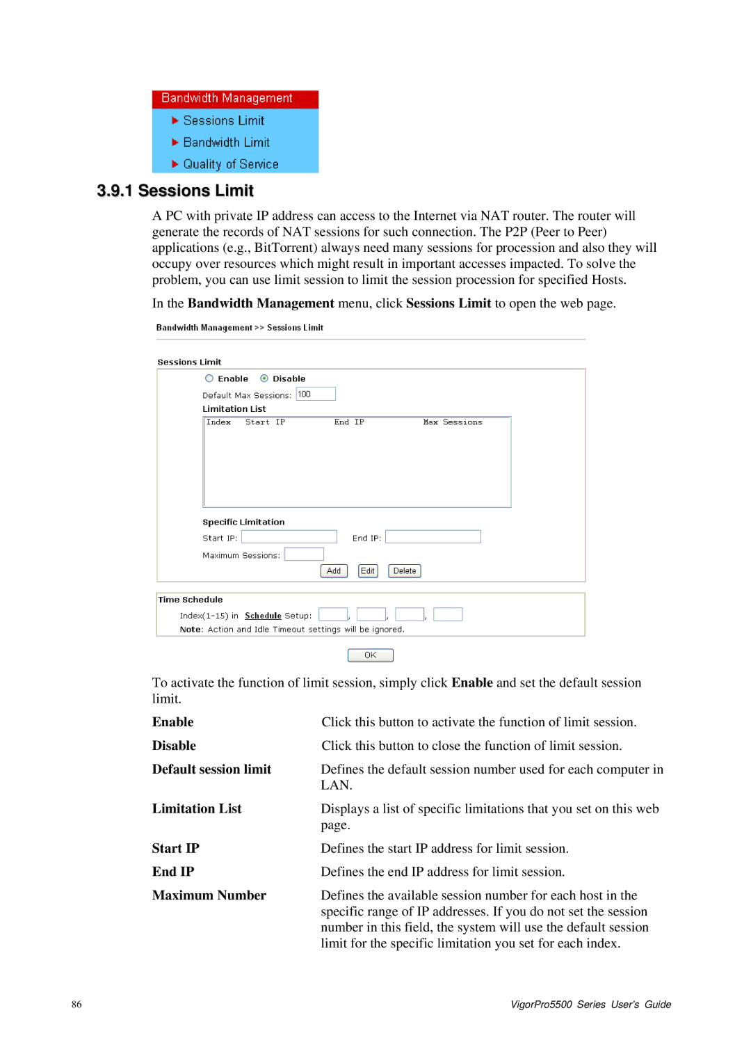 Draytek 5500 Series manual Sessions Limit 