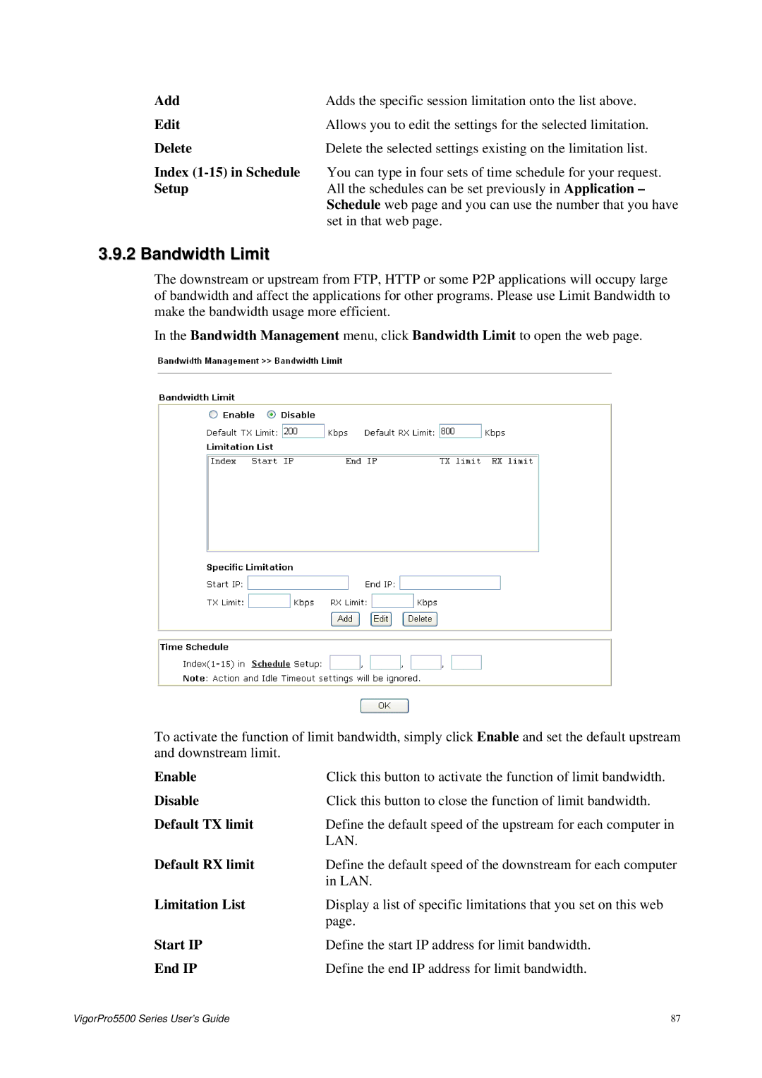 Draytek 5500 Series manual Bandwidth Limit, Set in that web, Default TX limit, Default RX limit 