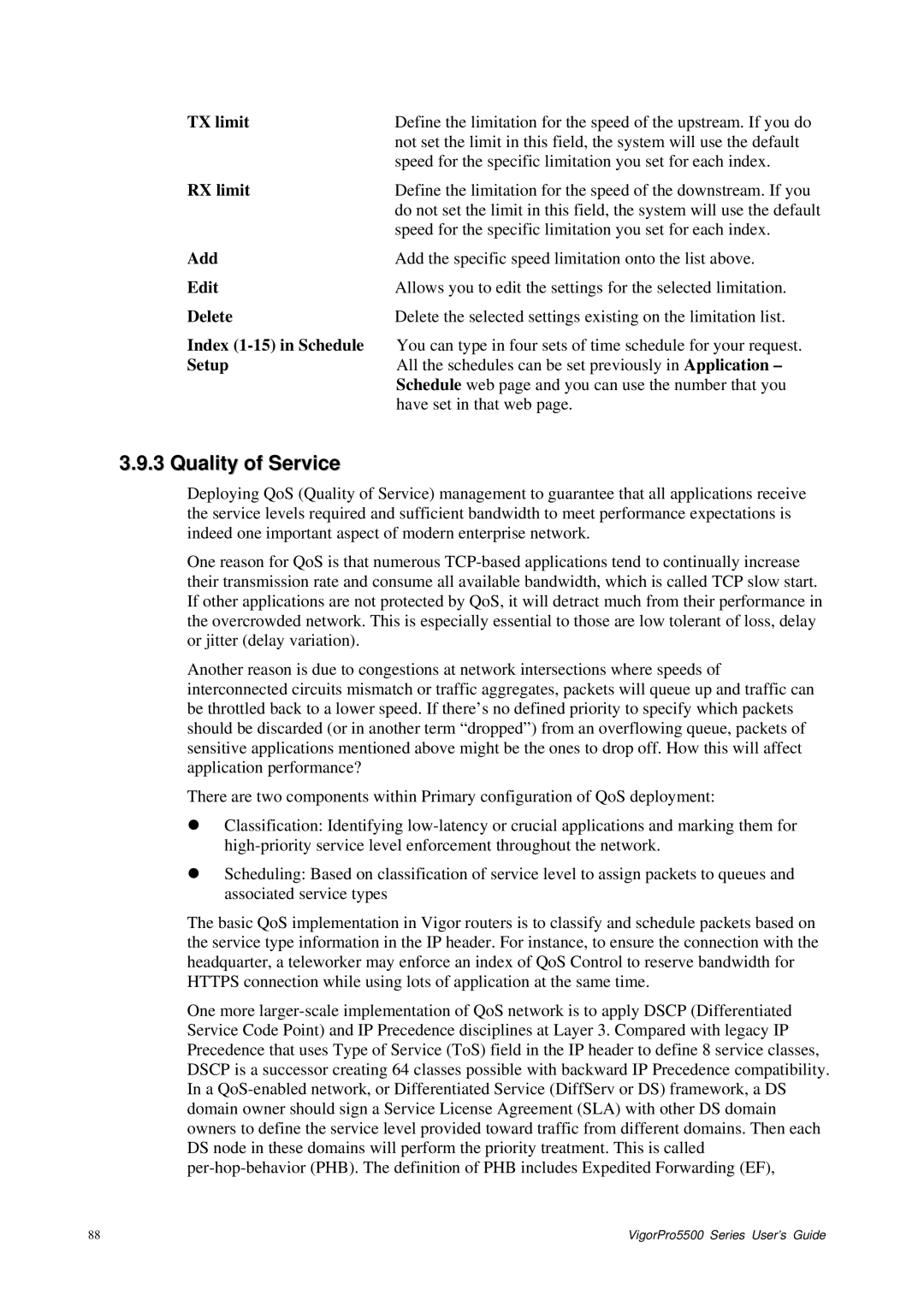 Draytek 5500 Series manual Quality of Service, TX limit, RX limit 