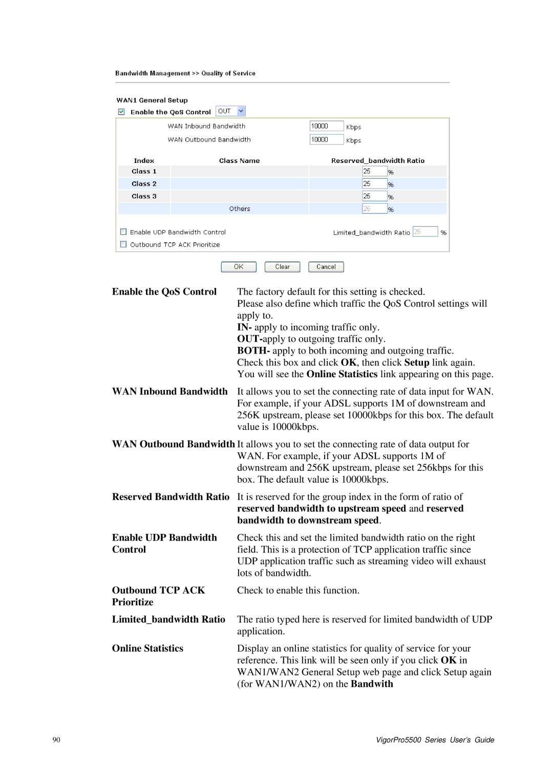 Draytek 5500 Series Reserved Bandwidth Ratio, Reserved bandwidth to upstream speed and reserved, Enable UDP Bandwidth 