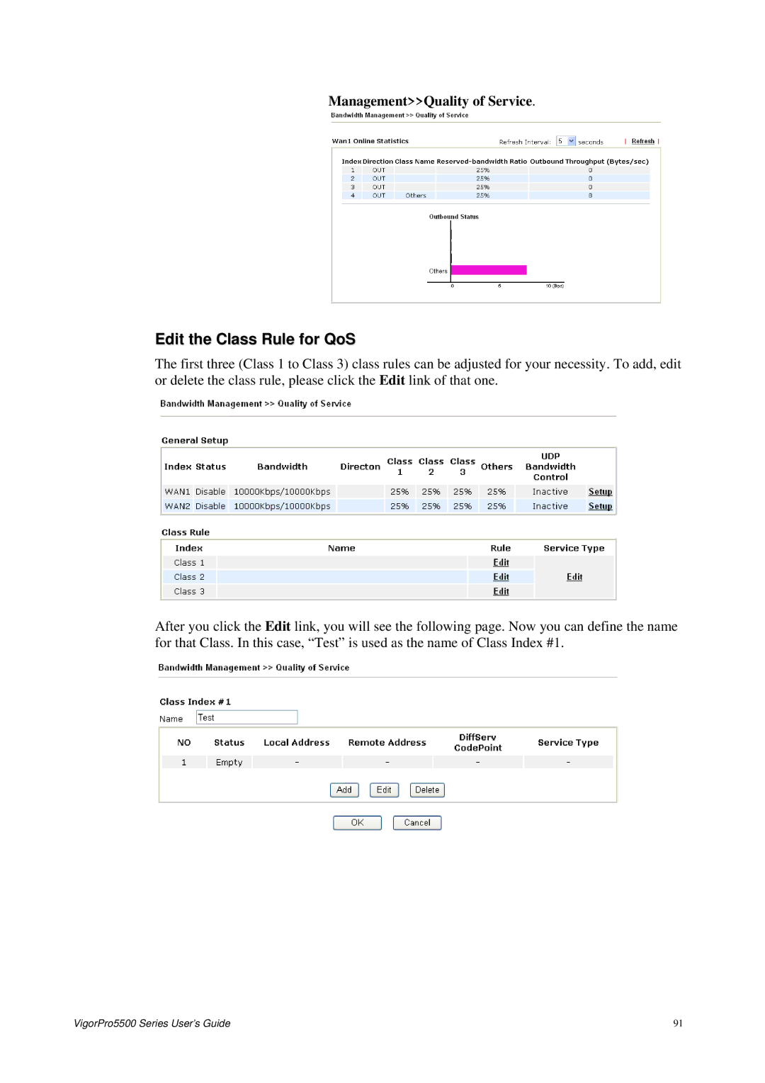 Draytek 5500 Series manual Edit the Class Rule for QoS, ManagementQuality of Service 